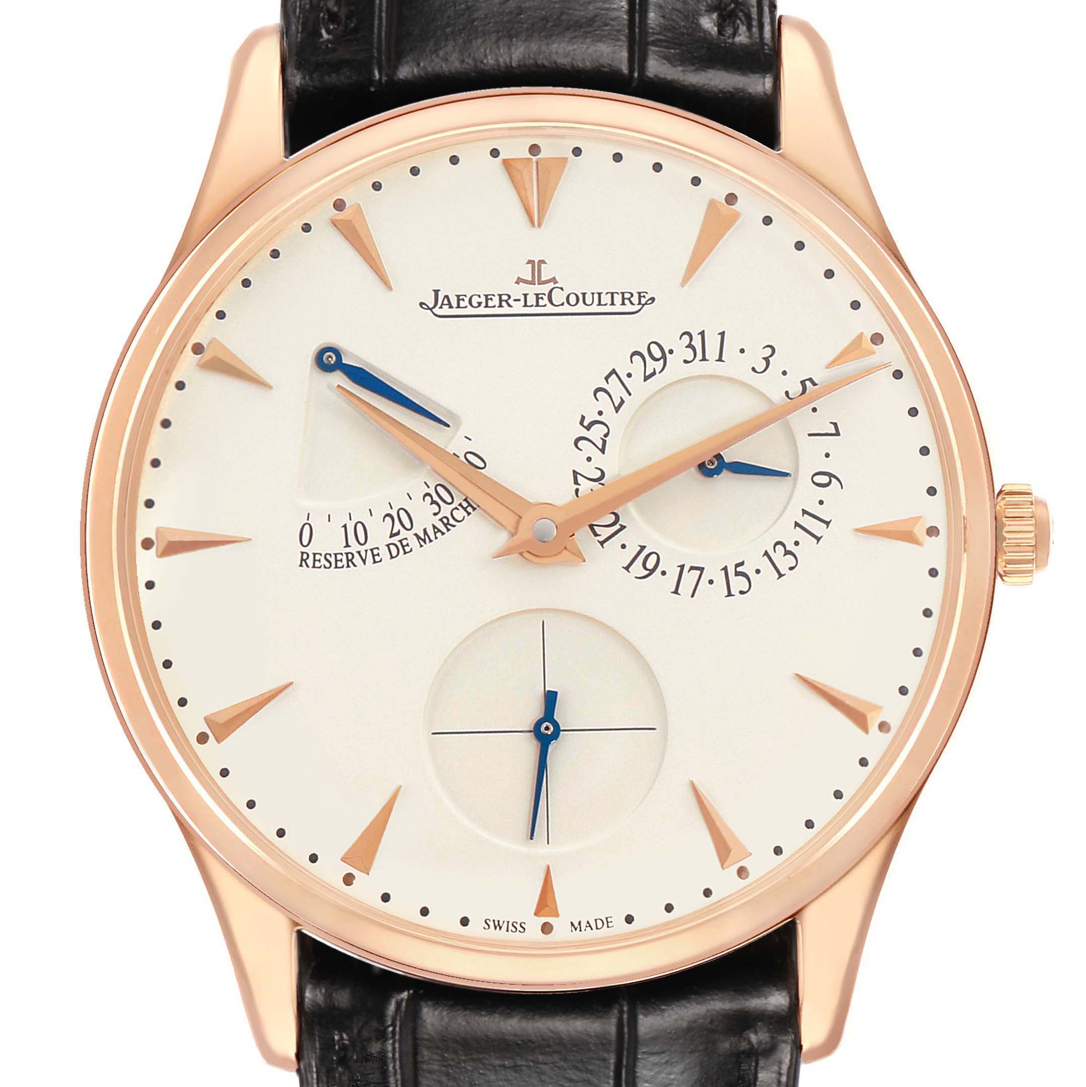 The Jaeger LeCoultre Master Q1372520 Men's Rose Gold Beige Dial watch is shown from the front, highlighting its dial, hands, indices, subdials, and crown.