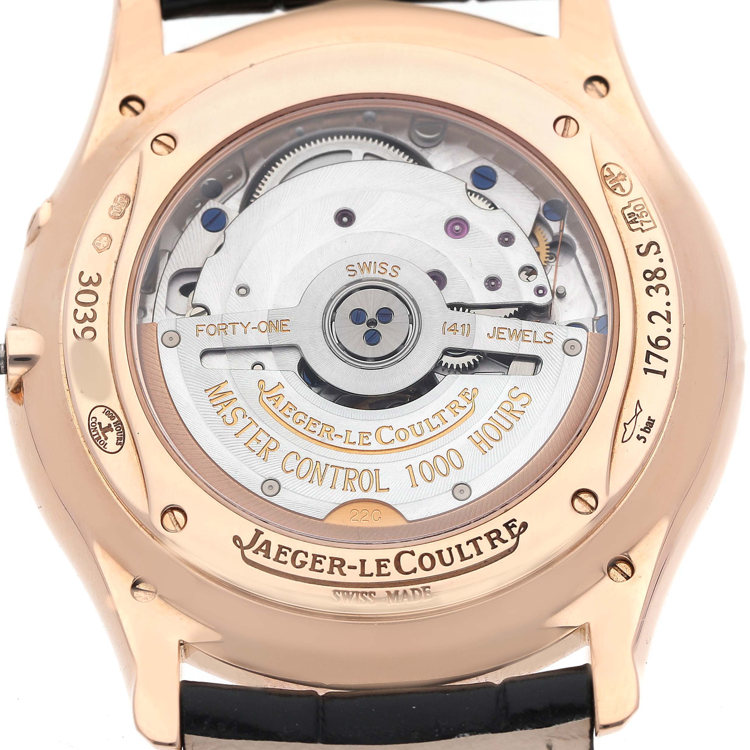 The image shows the back of a Jaeger-LeCoultre Master watch, highlighting the movement and engravings.