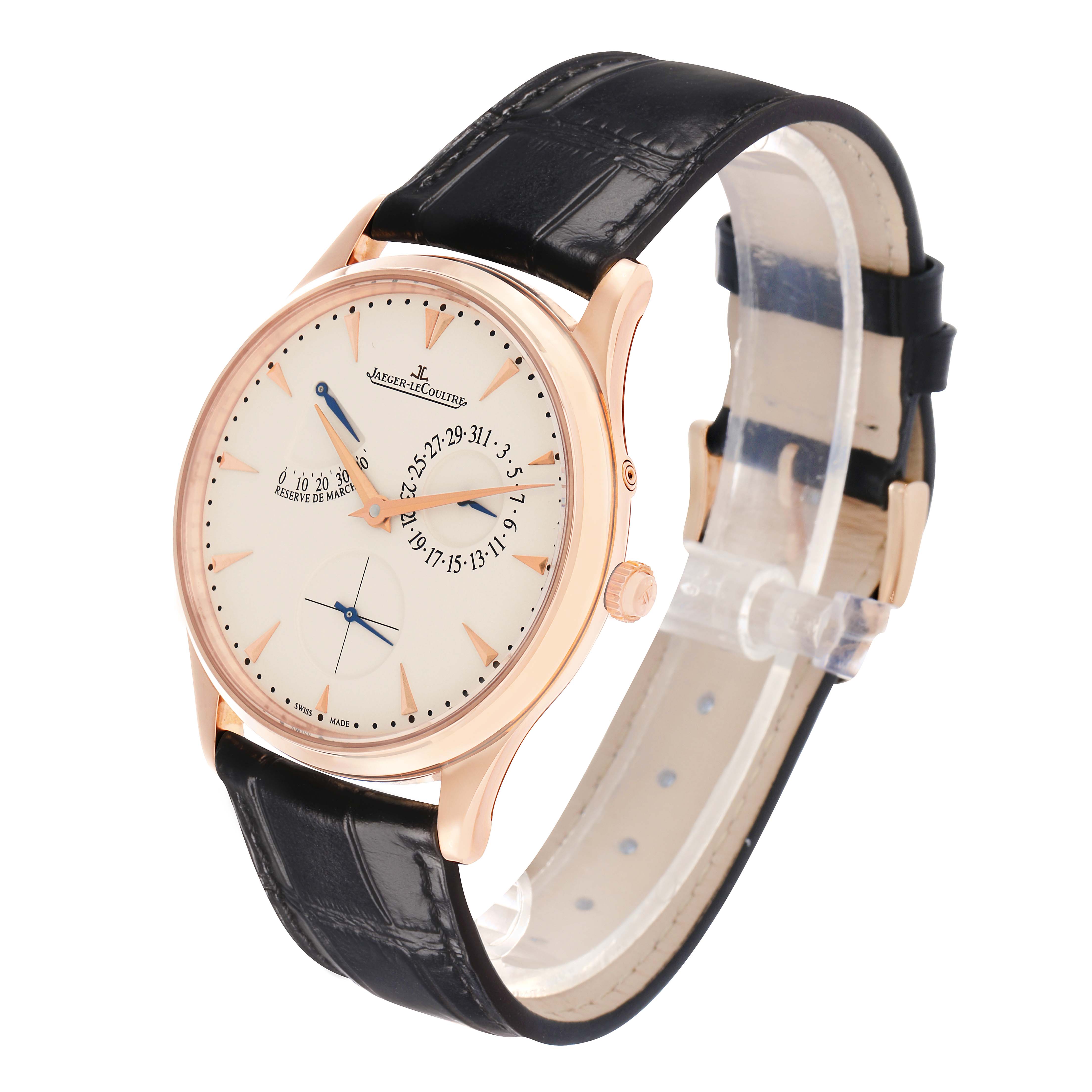 The Jaeger LeCoultre Master Q1372520 Men's Rose Gold Beige Dial watch is shown at a slight angle, displaying the face, crown, strap, and side of the case.