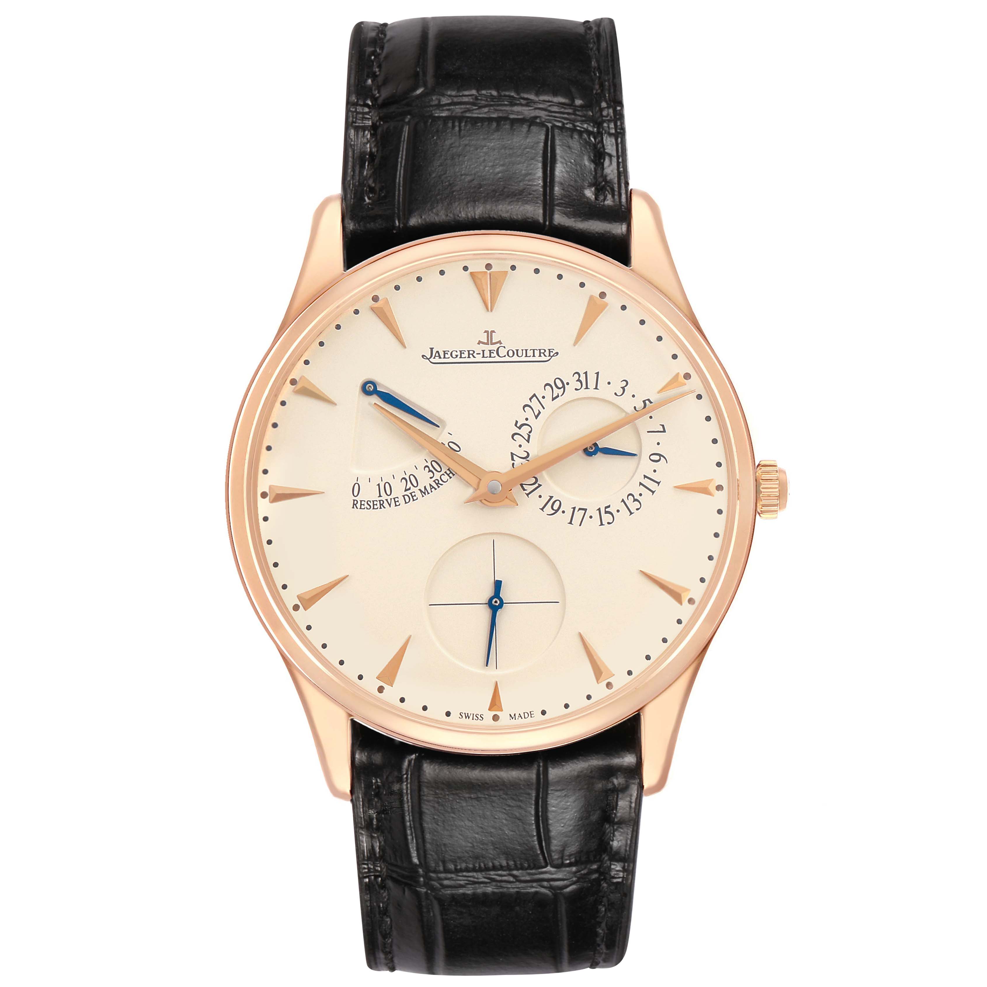 The Jaeger-LeCoultre Master watch is shown from the front, highlighting the dial, hands, and leather strap.