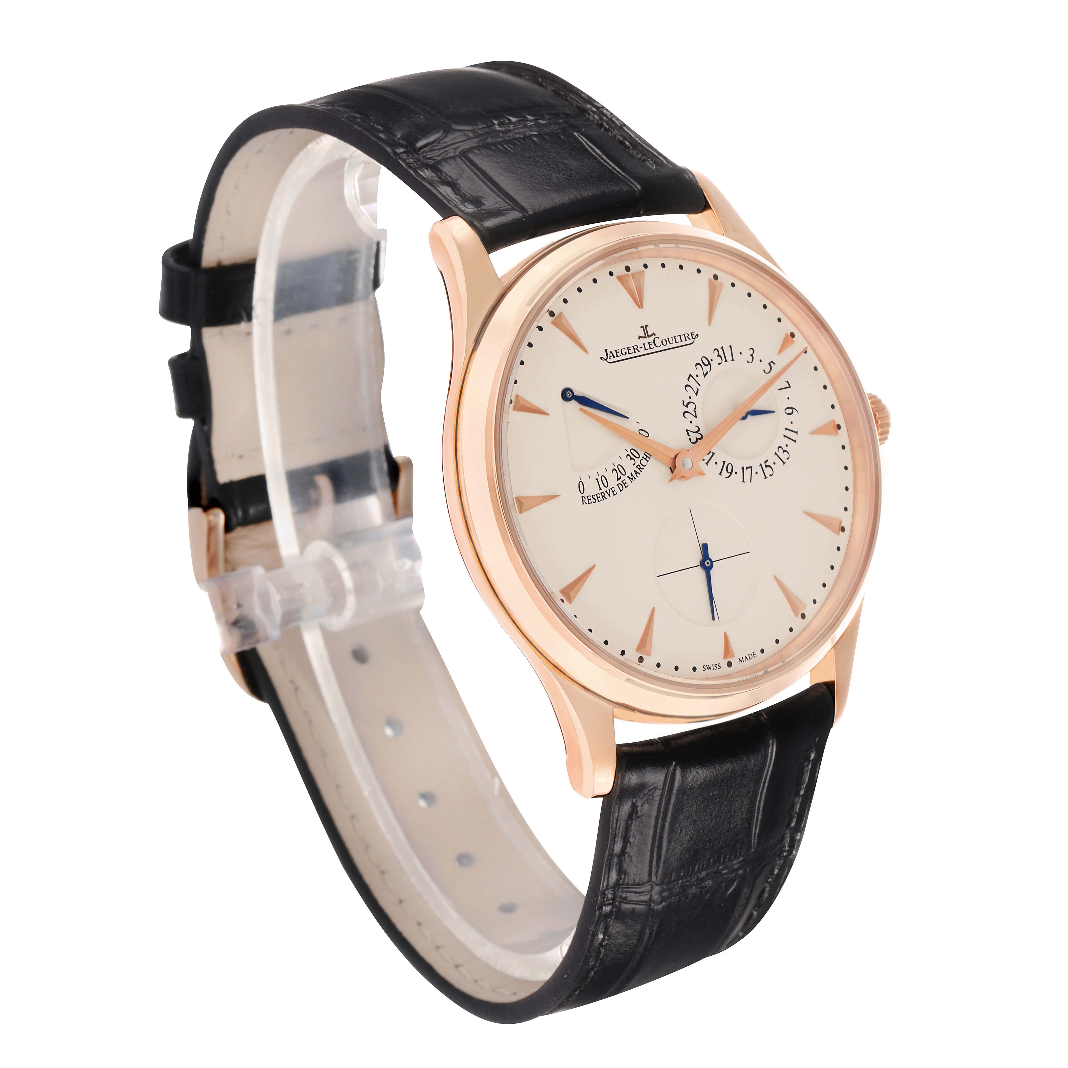 The Jaeger LeCoultre Master Q1372520 Men's Rose Gold Beige Dial watch is shown from a three-quarter angle, highlighting the dial, case, and leather strap.