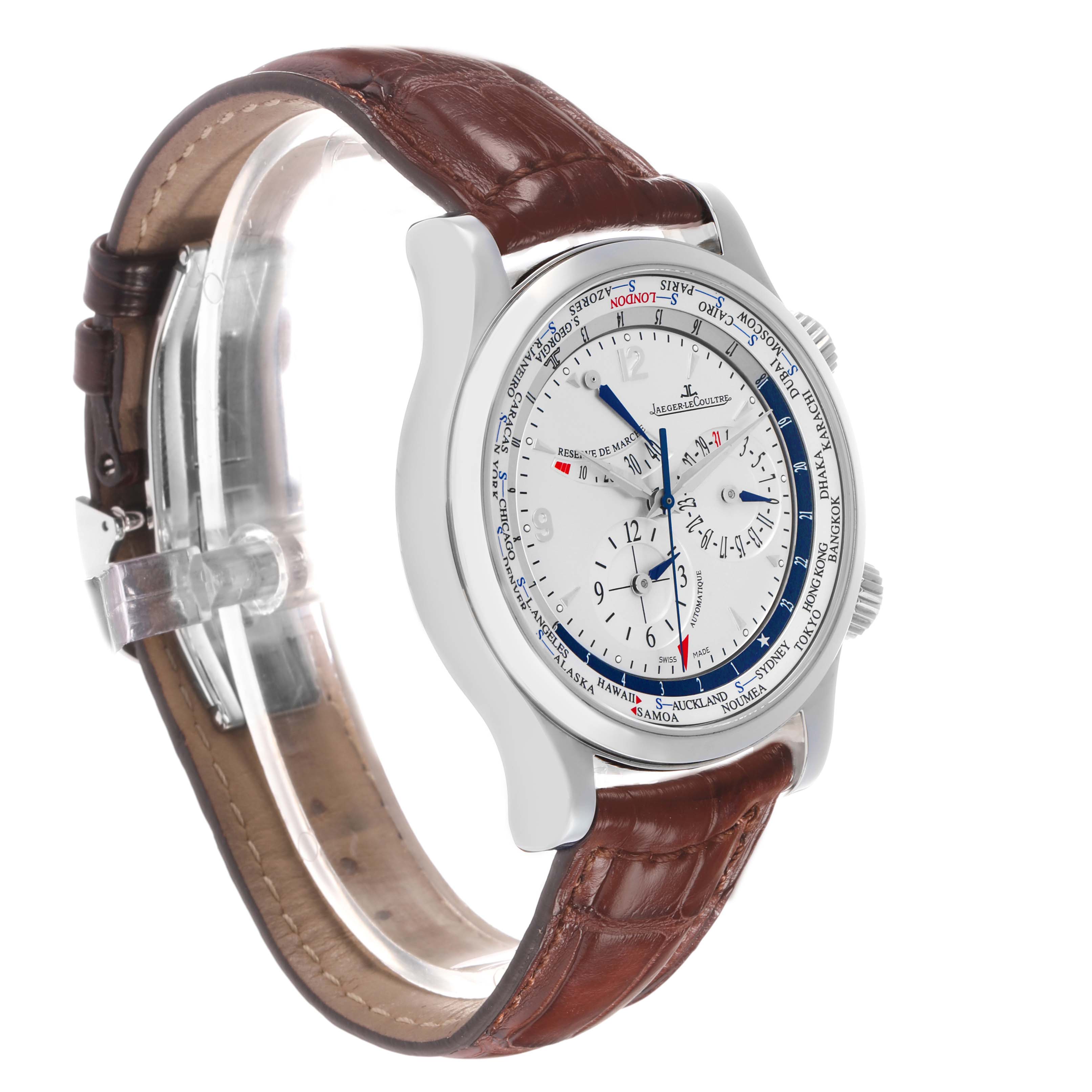 The Jaeger LeCoultre Master Q1528420 Men's Stainless Steel Silver Dial watch is shown at a slight angle, highlighting the watch face, crown, and brown leather strap.