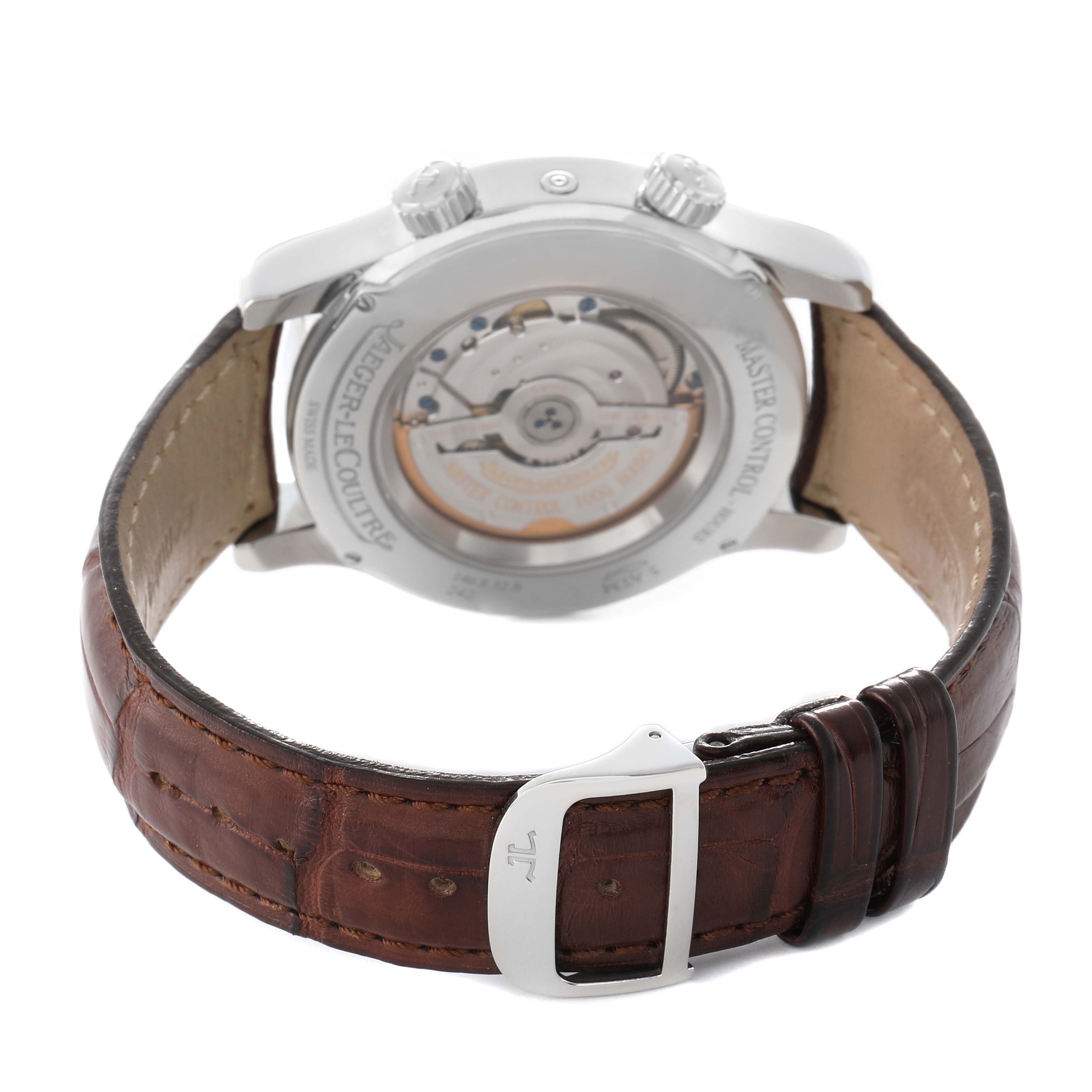 The image shows the back view of the Jaeger LeCoultre Master Q1528420 Men's Stainless Steel Silver Dial model, highlighting the movement and leather strap with buckle.