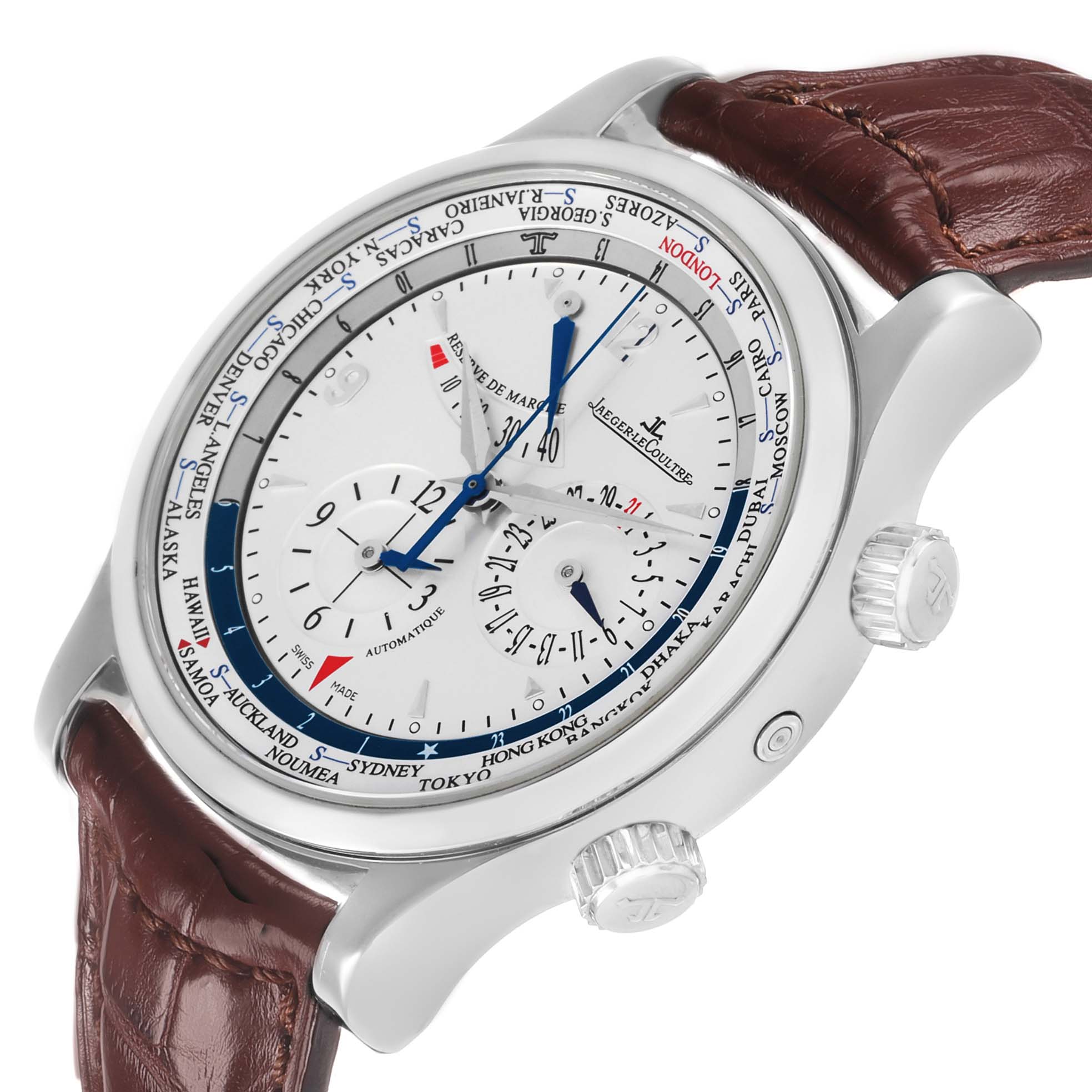 The Jaeger LeCoultre Master Q1528420 Men's Stainless Steel Silver Dial watch is shown at an angle displaying the case, dial with multiple dials, and a brown leather strap.