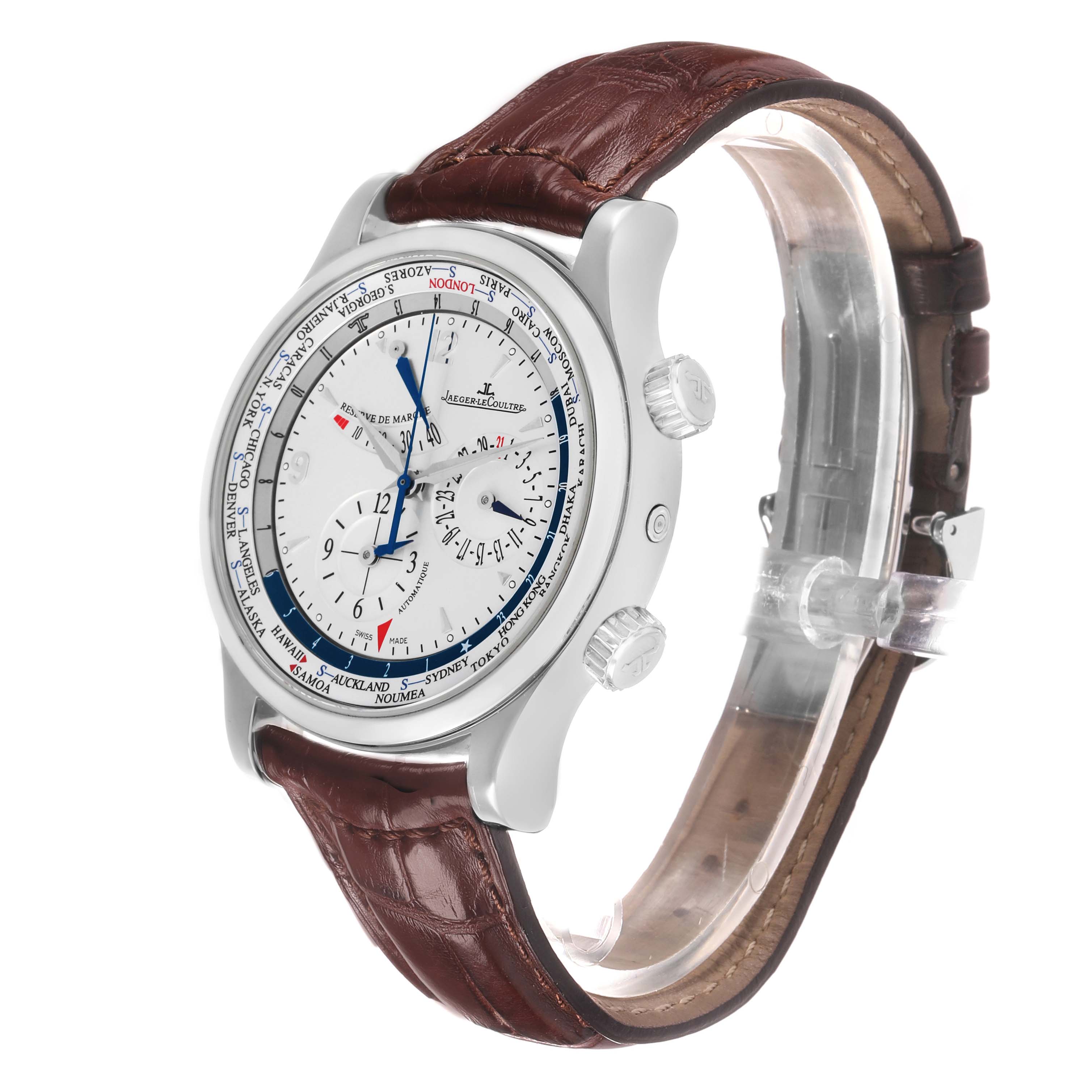 The Jaeger LeCoultre Master Q1528420 Men's Stainless Steel Silver Dial watch is shown at a three-quarter angle, displaying the face, crown, pushers, and brown leather strap.