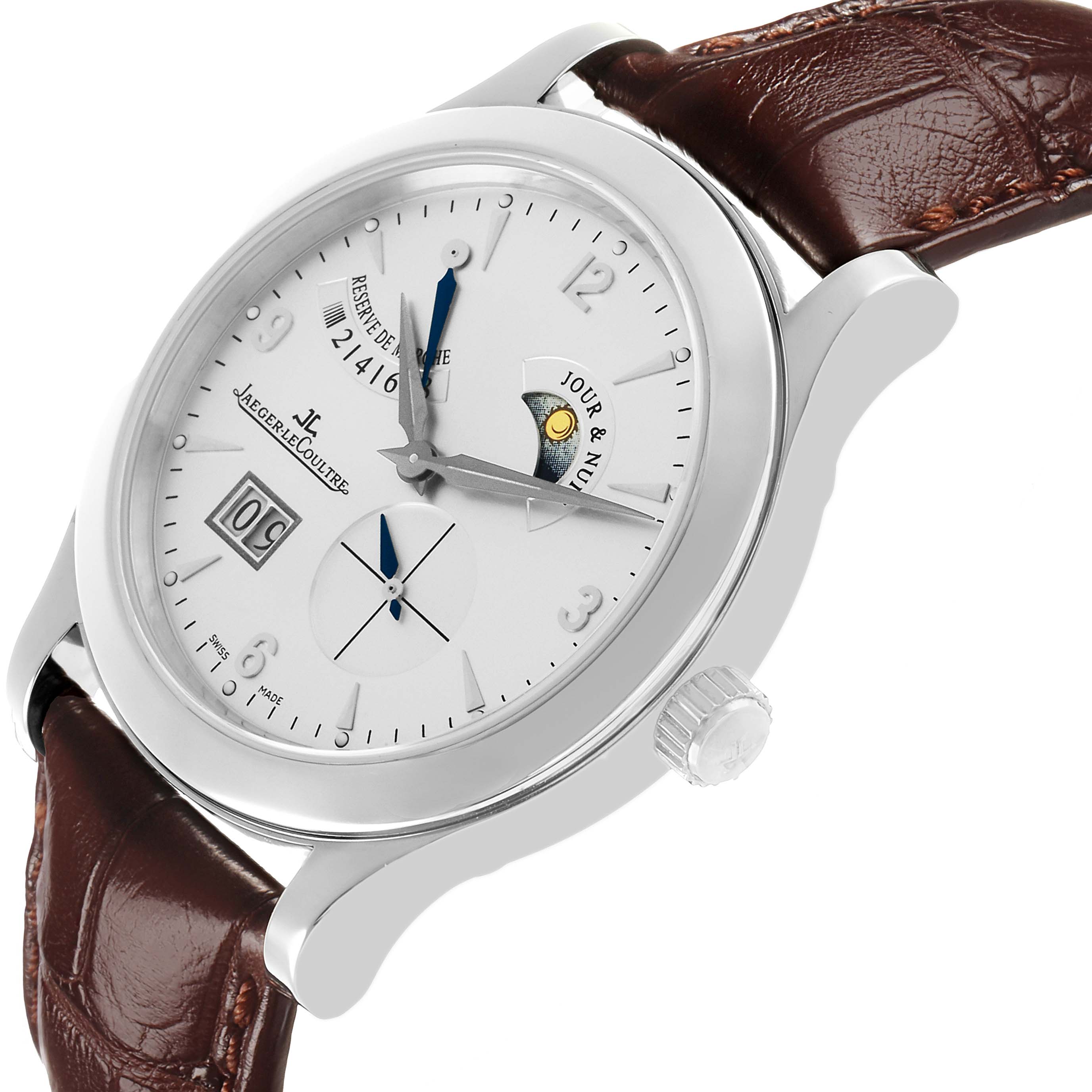 The Jaeger-LeCoultre Master model is shown at a slight angle, displaying the dial, hands, crown, and brown leather strap.