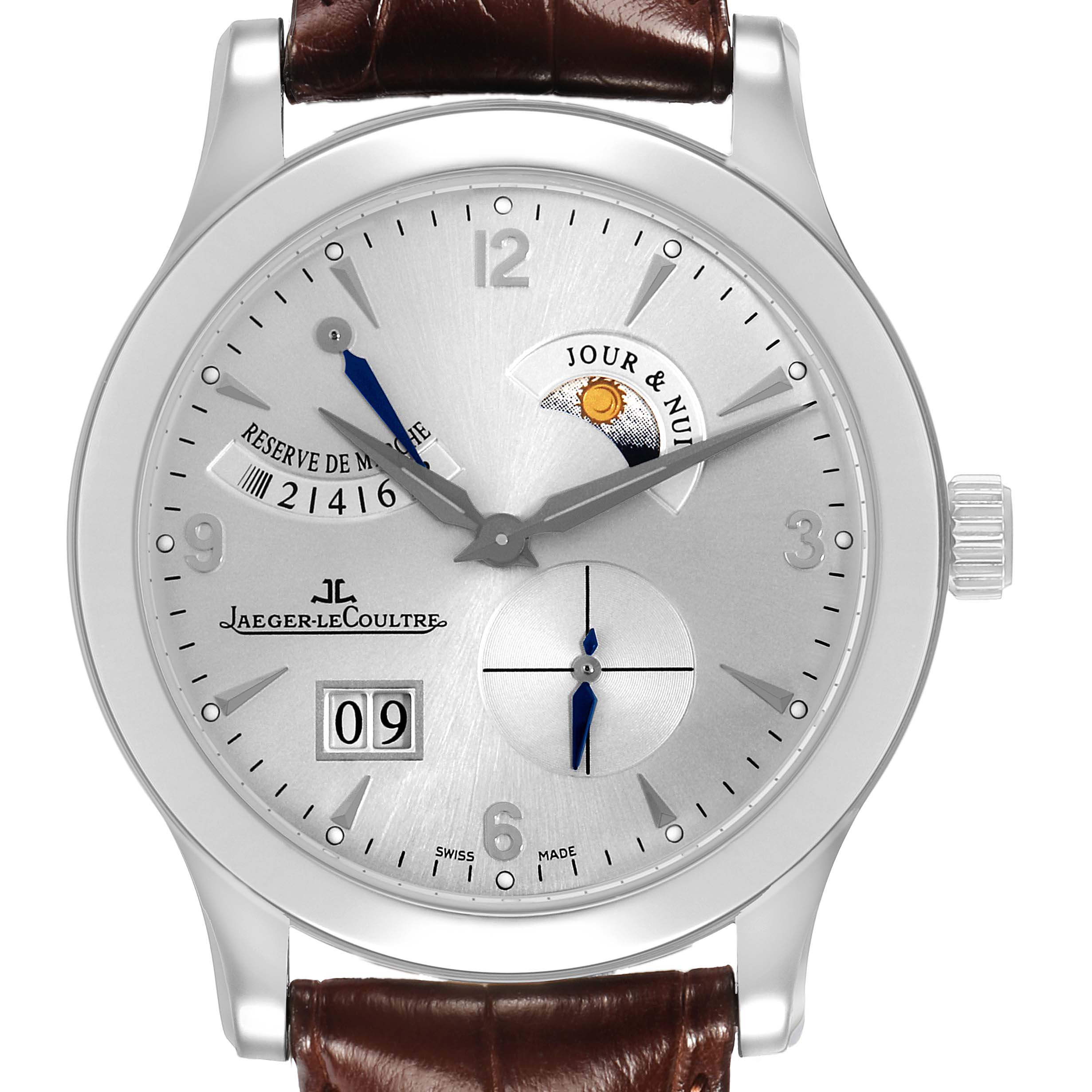 The Jaeger-LeCoultre Master watch is shown from a front view, highlighting its dial, hands, and leather strap.
