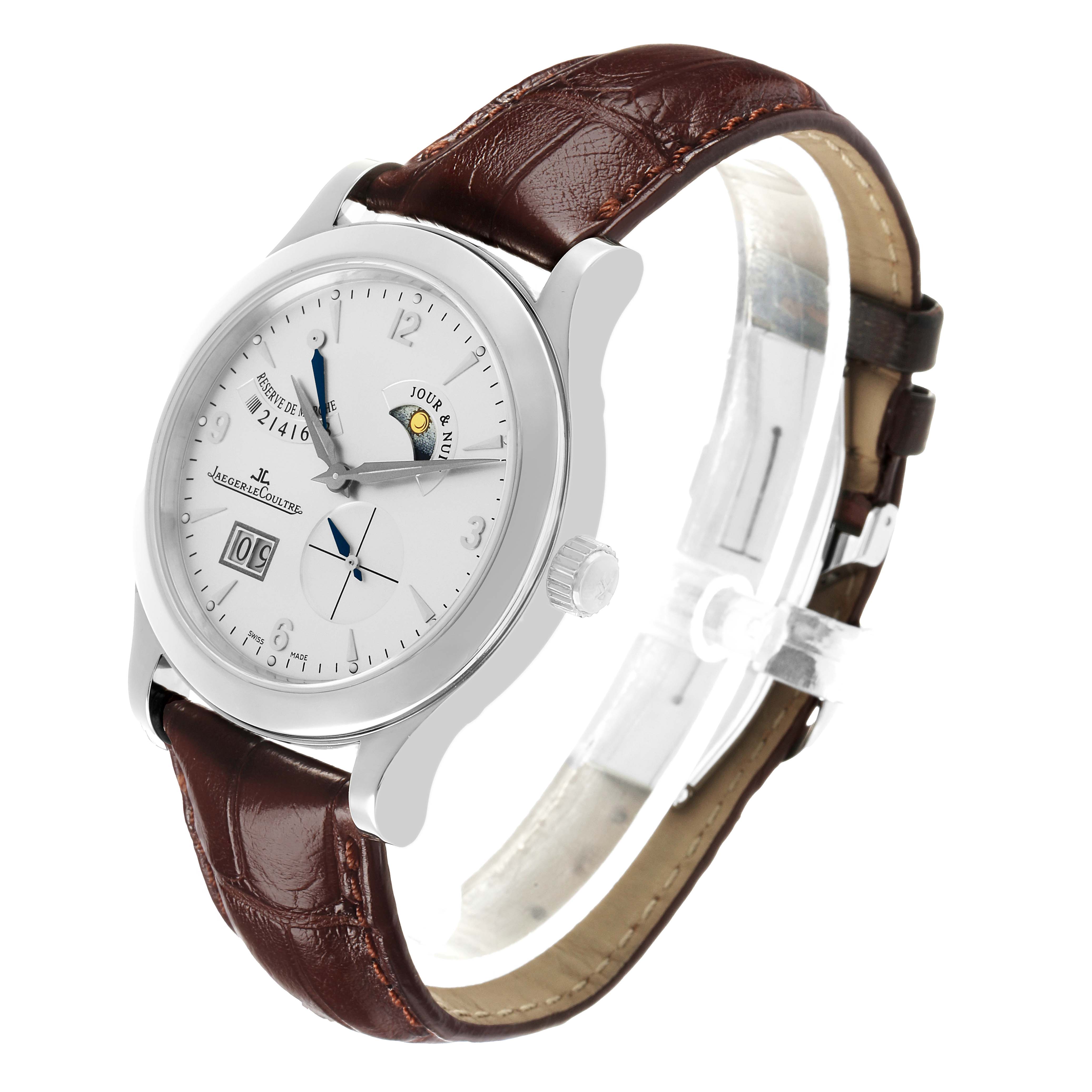 The Jaeger LeCoultre Master Q1608420 Men's Stainless Steel Silver Dial model is shown at an angled side view, highlighting the dial, crown, and brown leather strap.
