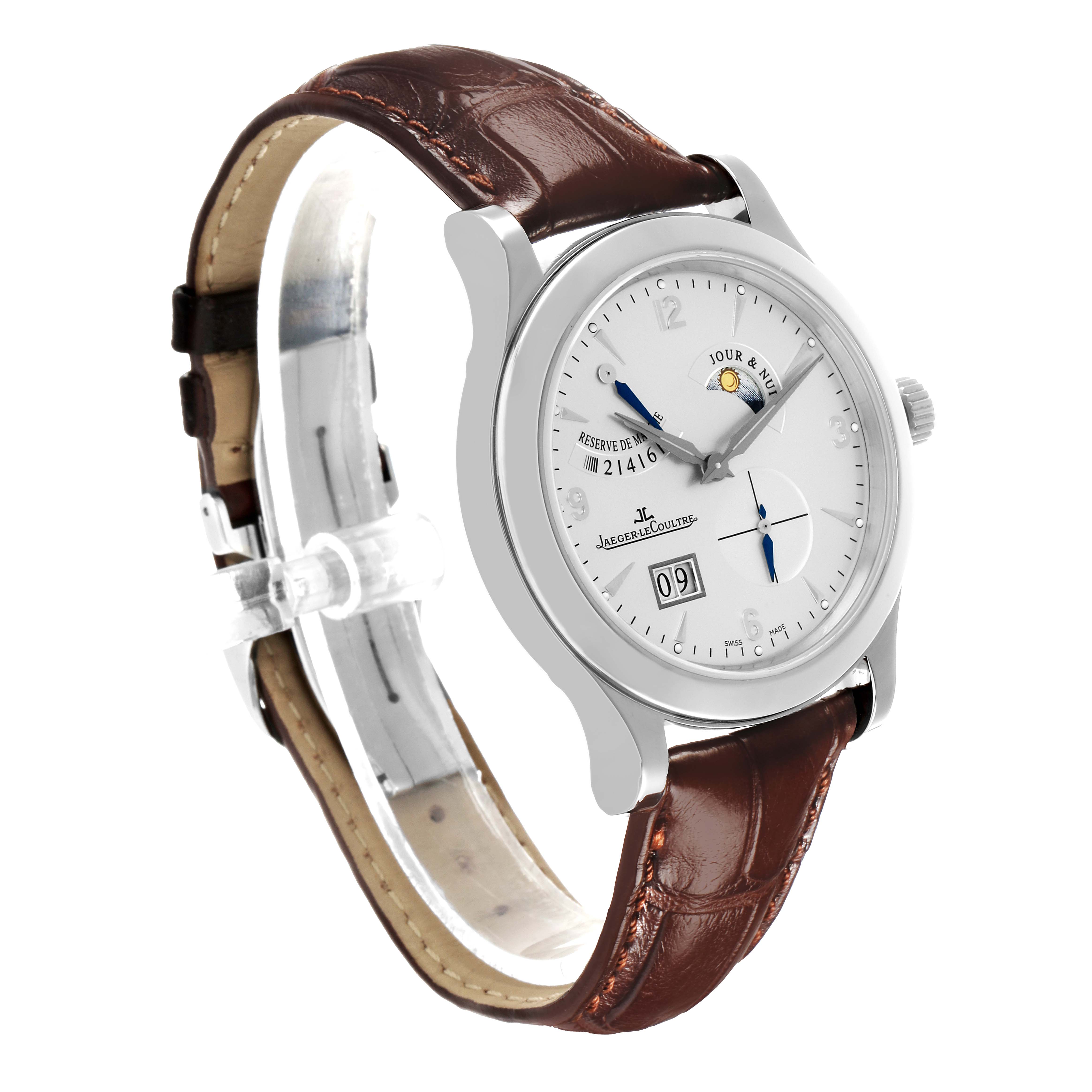 The Jaeger LeCoultre Master Q1608420 Men's Stainless Steel Silver Dial watch is shown at a front-side angle, highlighting the dial, leather strap, and crown.