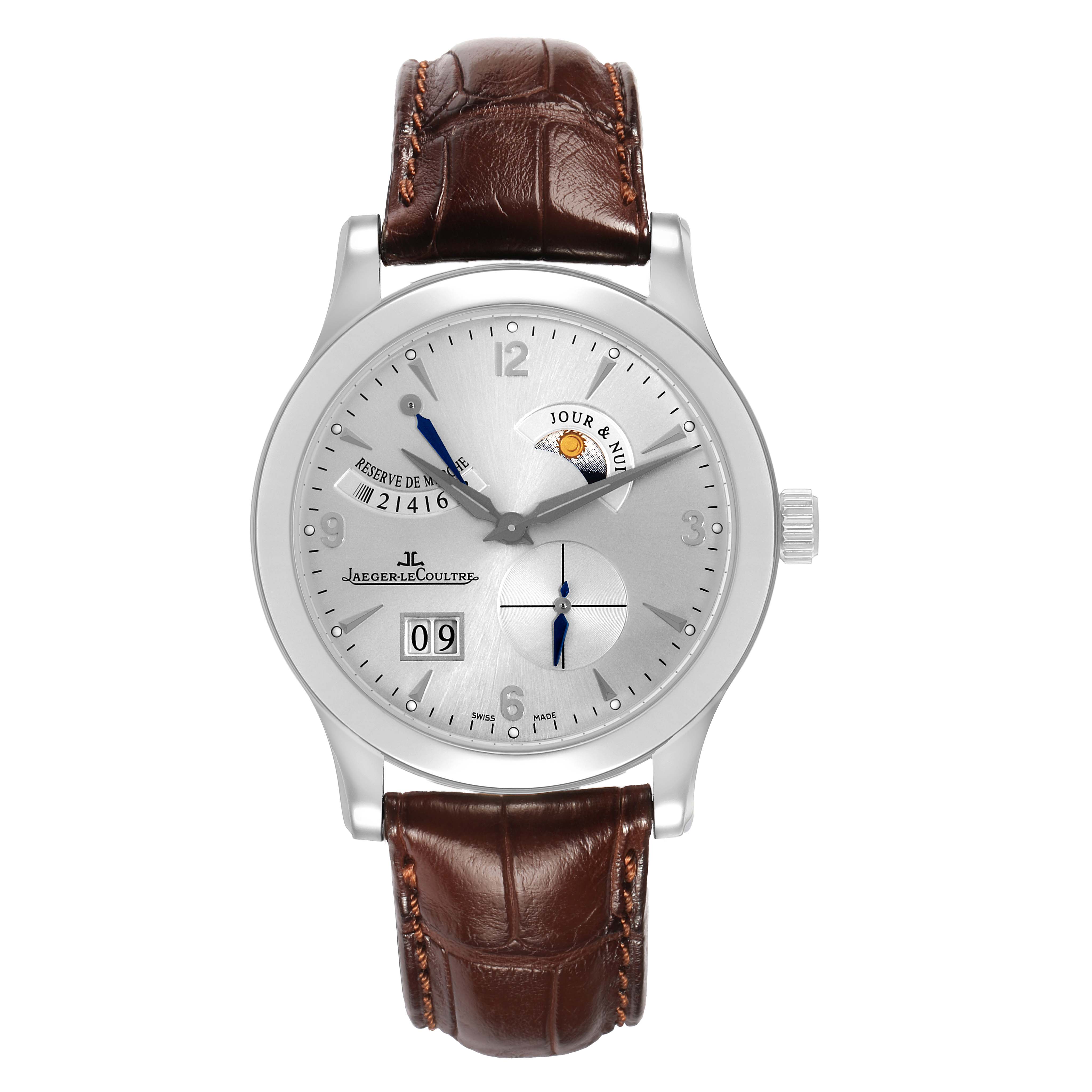 The image shows a front view of the Jaeger LeCoultre Master Q1608420 Men's Stainless Steel Silver Dial watch, showcasing the dial, hands, subdials, and leather strap.