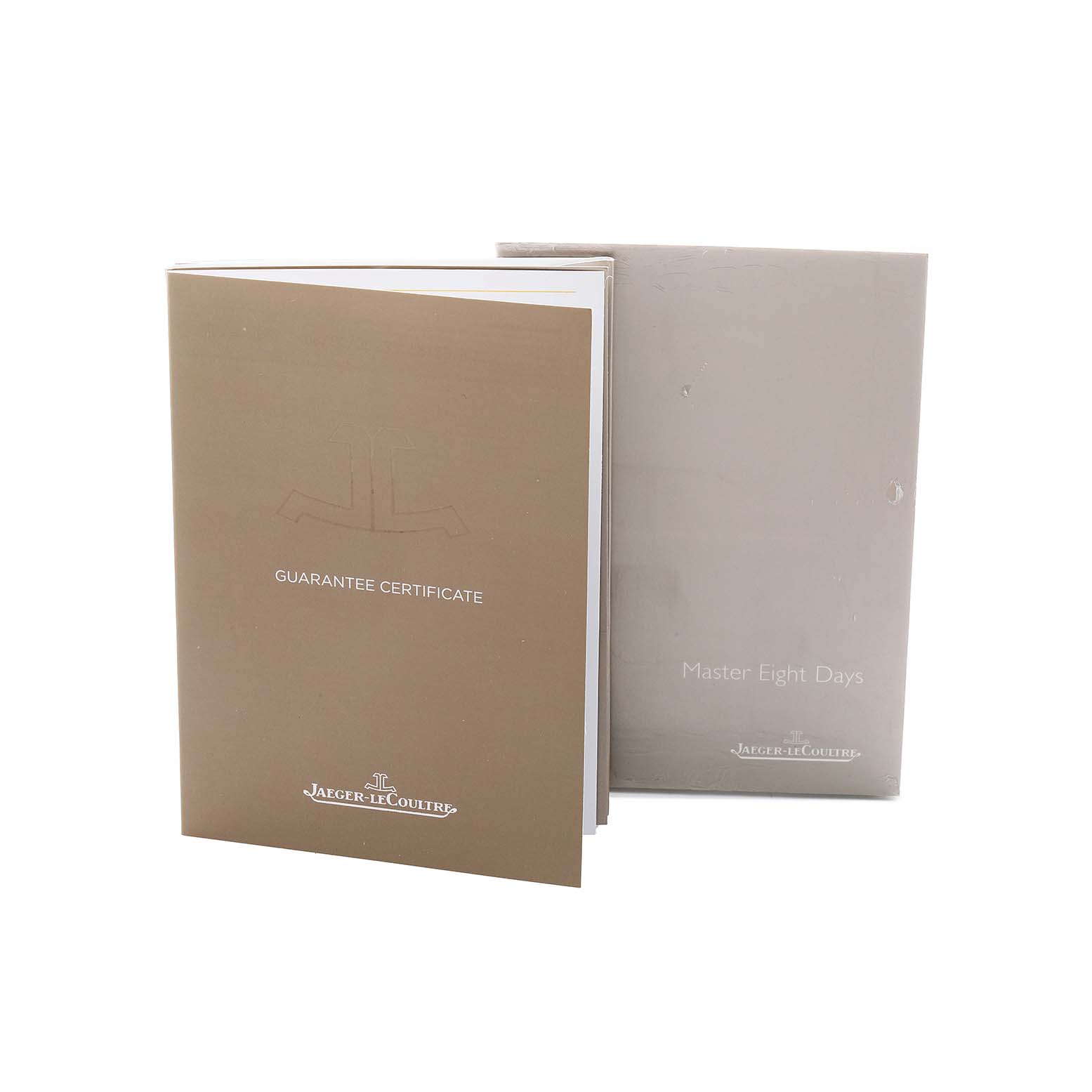 The image shows a Jaeger-LeCoultre Master model guarantee certificate and box from a frontal angle.