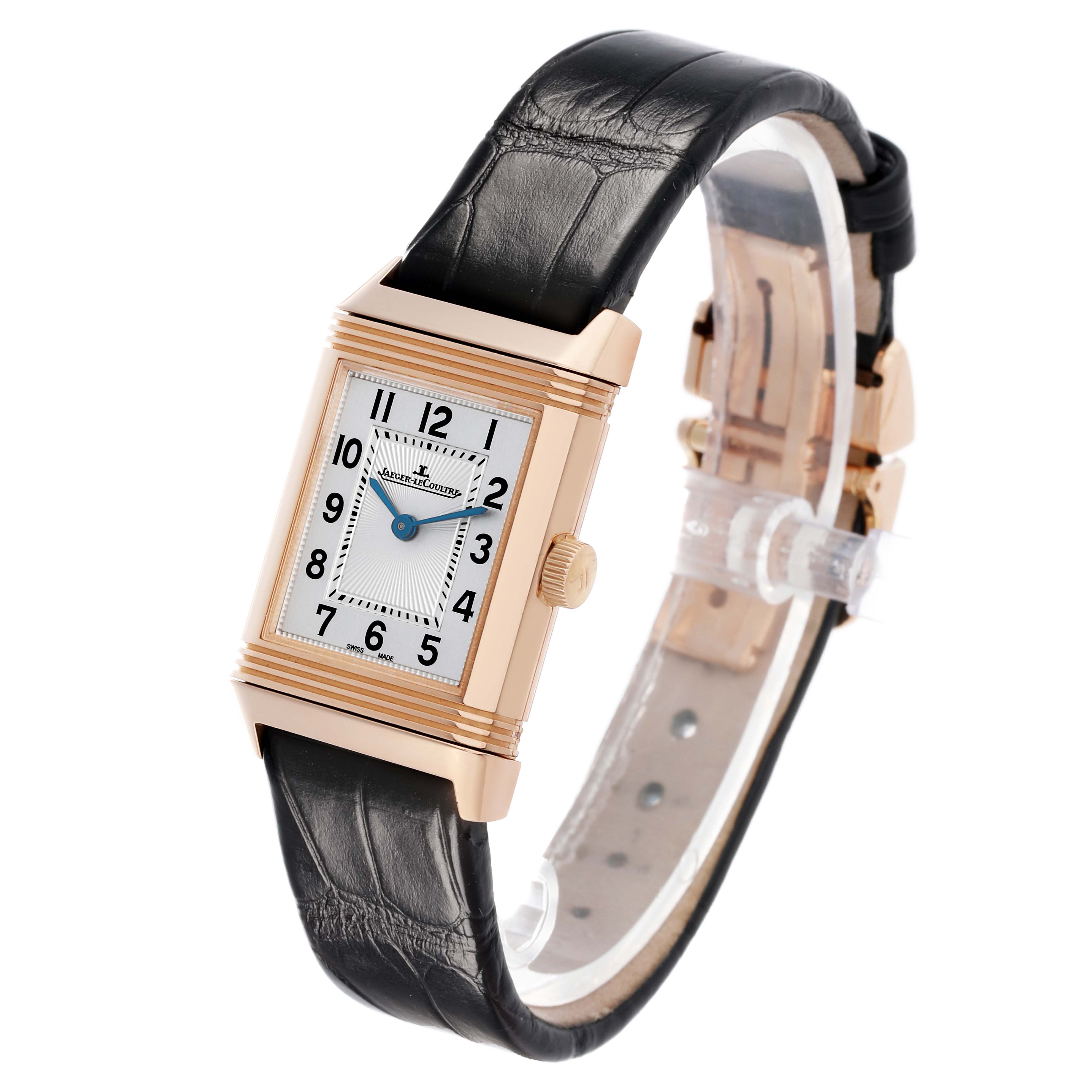 The Jaeger LeCoultre Reverso Q2662430 / 211.2.44 Women's Rose Gold Silver Dial watch is shown at a three-quarter angle, displaying its face, crown, and leather strap.