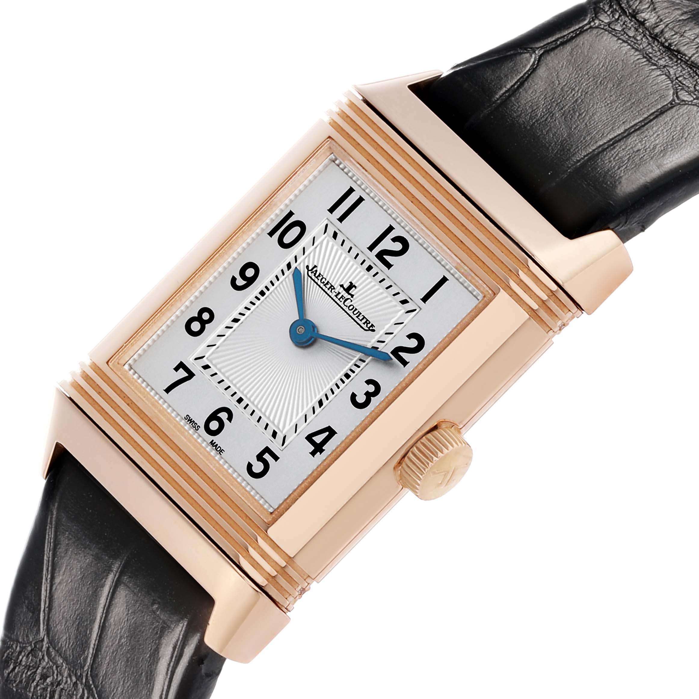 The Jaeger LeCoultre Reverso Q2662430 / 211.2.44 Women's Rose Gold Silver Dial watch is shown at an angled close-up, displaying the dial, watch face, and partial leather strap.