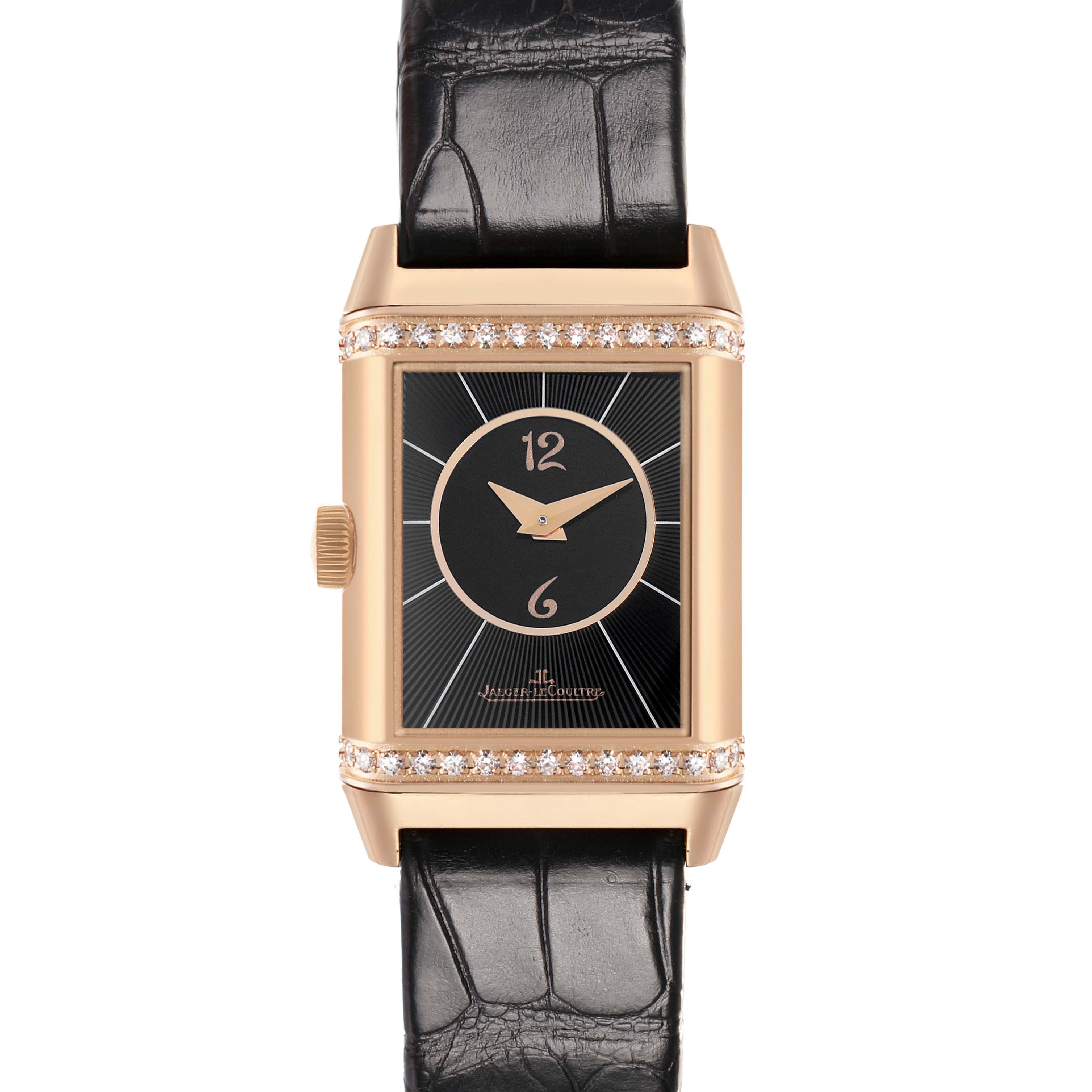 The Jaeger LeCoultre Reverso Q2662430 / 211.2.44 Women's Rose Gold Silver Dial is shown from the front, displaying the dial, case, and partial leather strap.