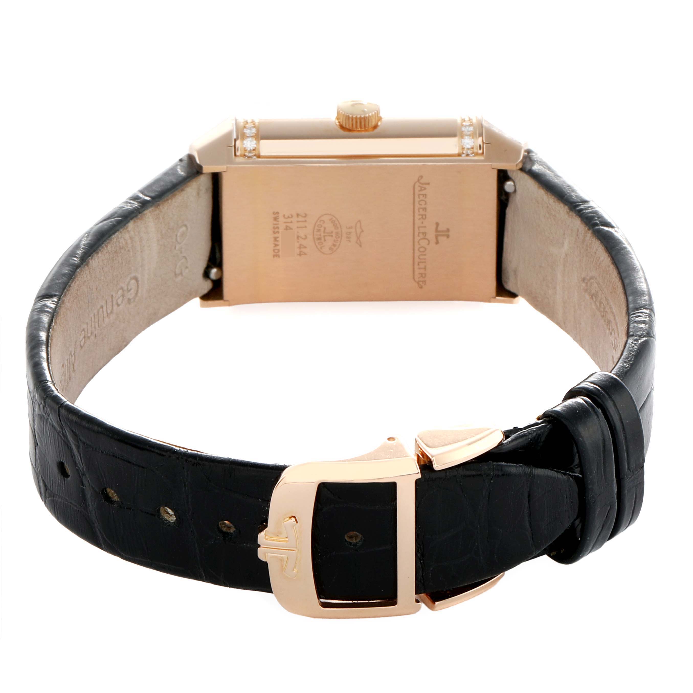 The image shows the back and side of a Jaeger LeCoultre Reverso Q2662430 / 211.2.44 Women's Rose Gold Silver Dial watch, highlighting the case, strap, and clasp.