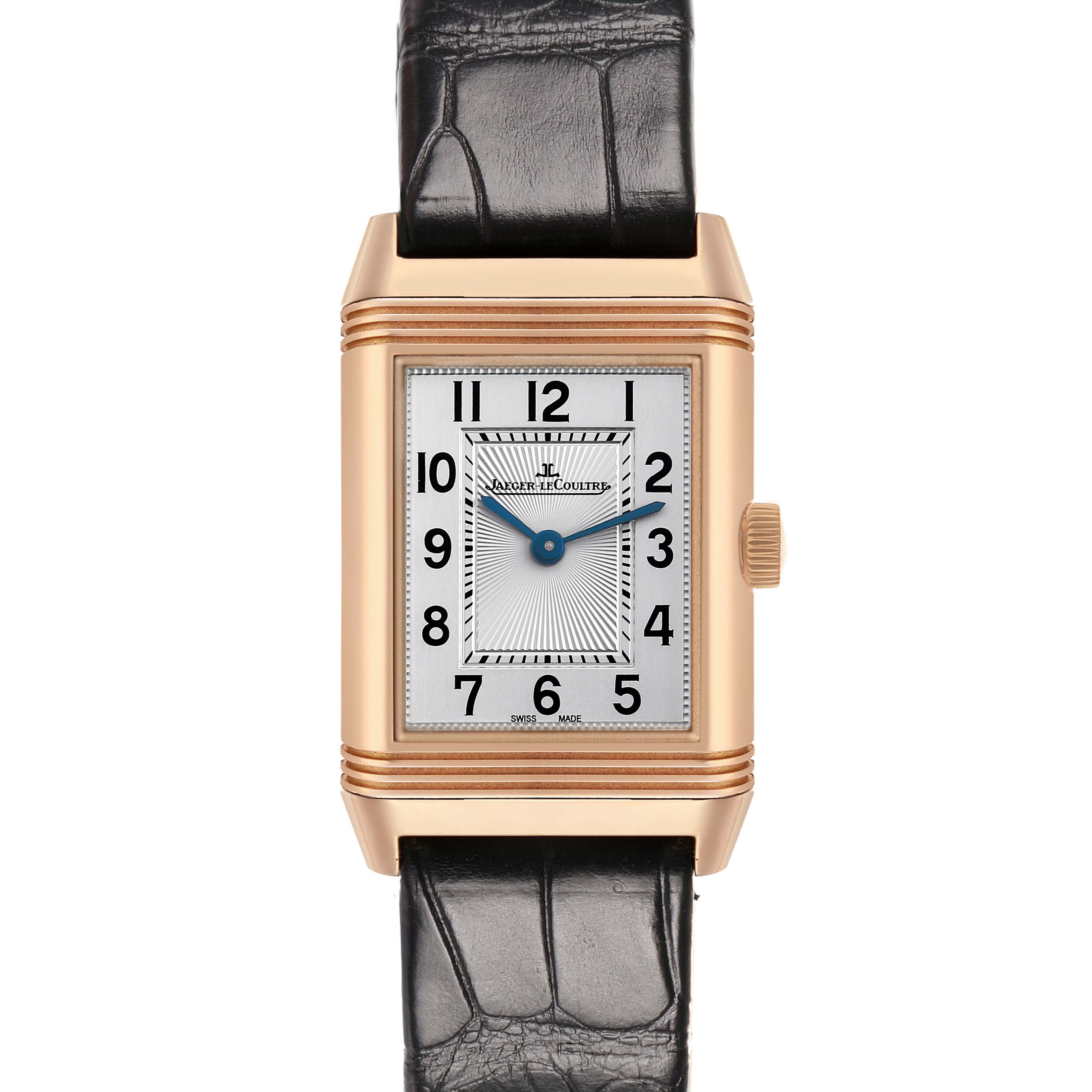 The Jaeger-LeCoultre Reverso watch is shown in a front view, displaying the dial, case, and leather strap.