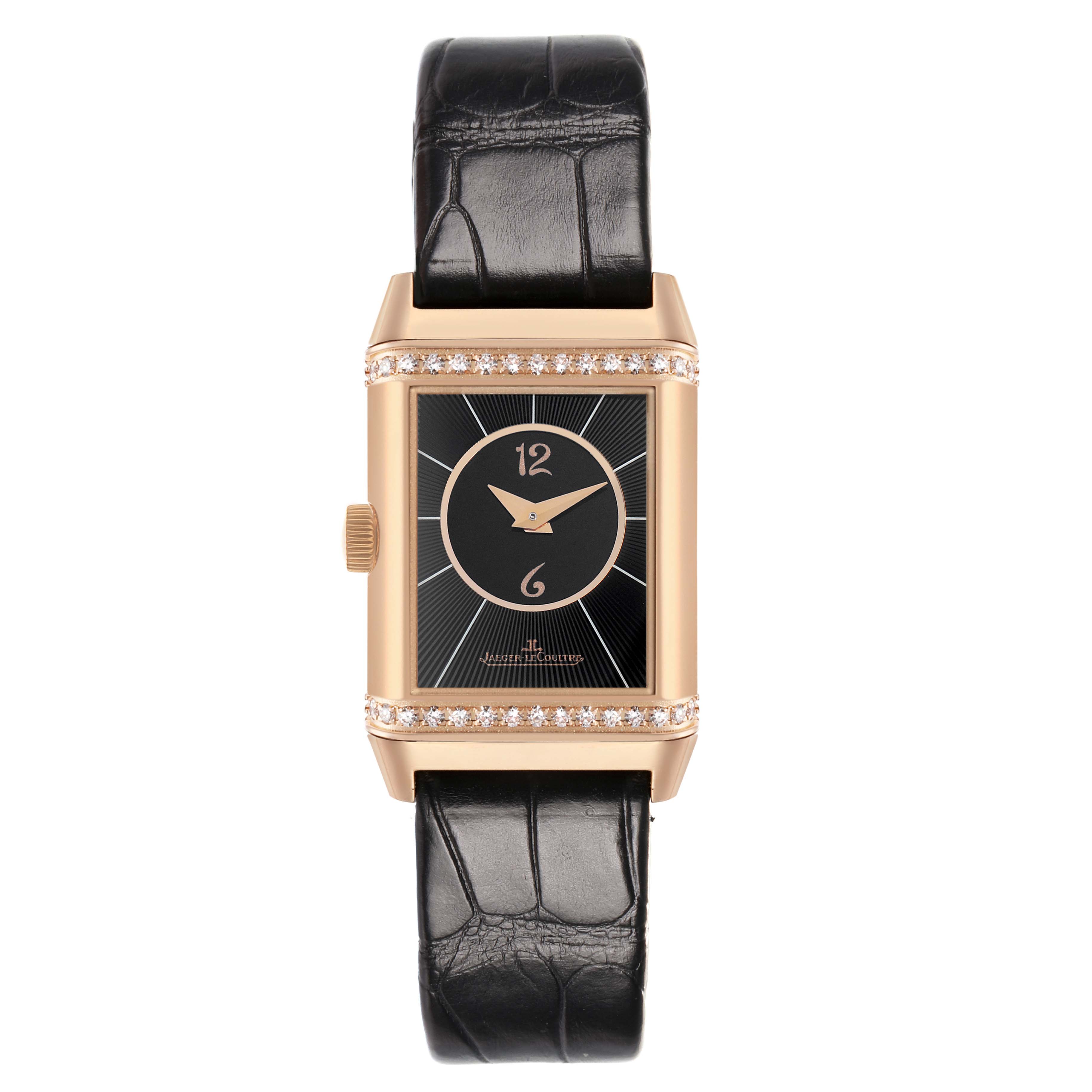 The Jaeger-LeCoultre Reverso watch is shown from a front angle, displaying the face, bezel, and strap.