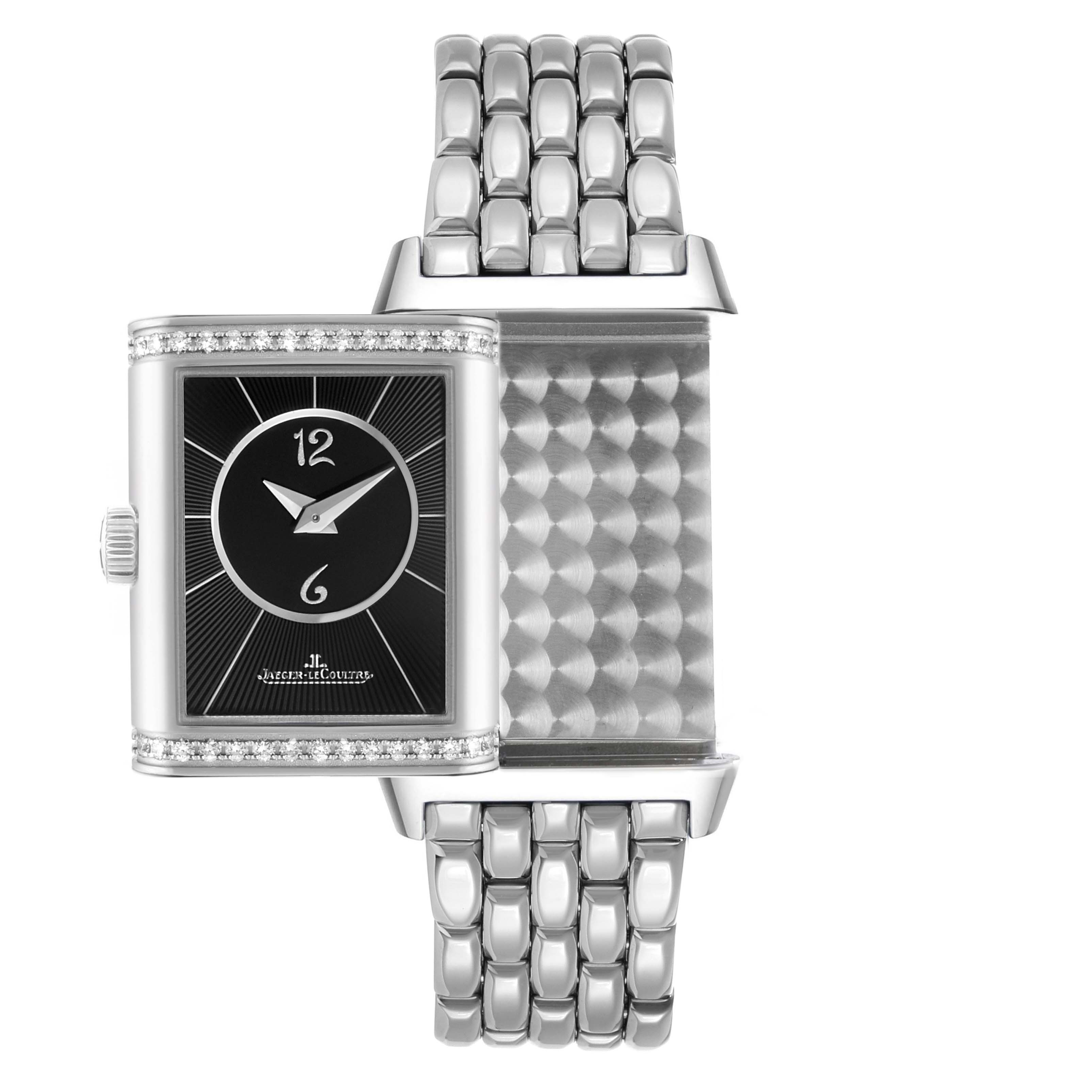 The Jaeger LeCoultre Reverso Q2668430 / 211.8.44 Women's Stainless Steel Silver Dial watch is shown frontally, highlighting the dial, crown, reversible case, and metal bracelet.