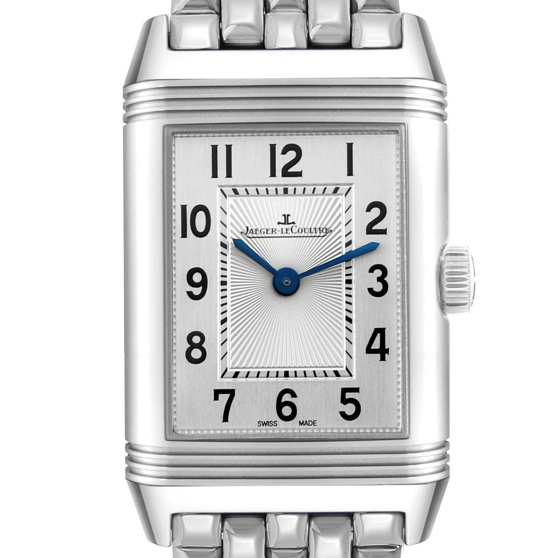 The Jaeger LeCoultre Reverso Q2668430 / 211.8.44 Women's Stainless Steel Silver Dial watch is shown from a frontal angle, highlighting the dial, hands, and part of the bracelet.