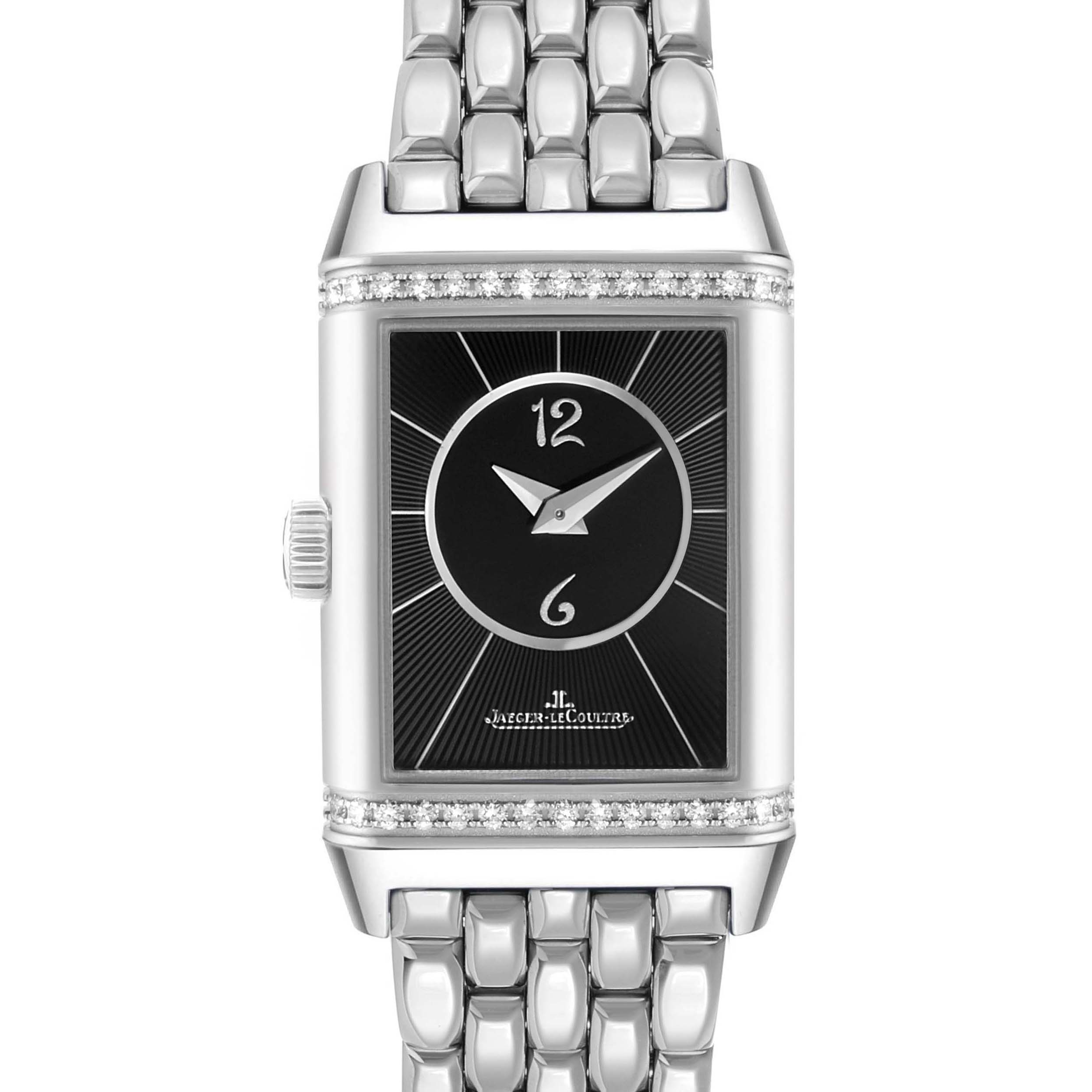 The image shows a front view of a Jaeger-LeCoultre Reverso watch, highlighting the rectangular dial and metal bracelet.