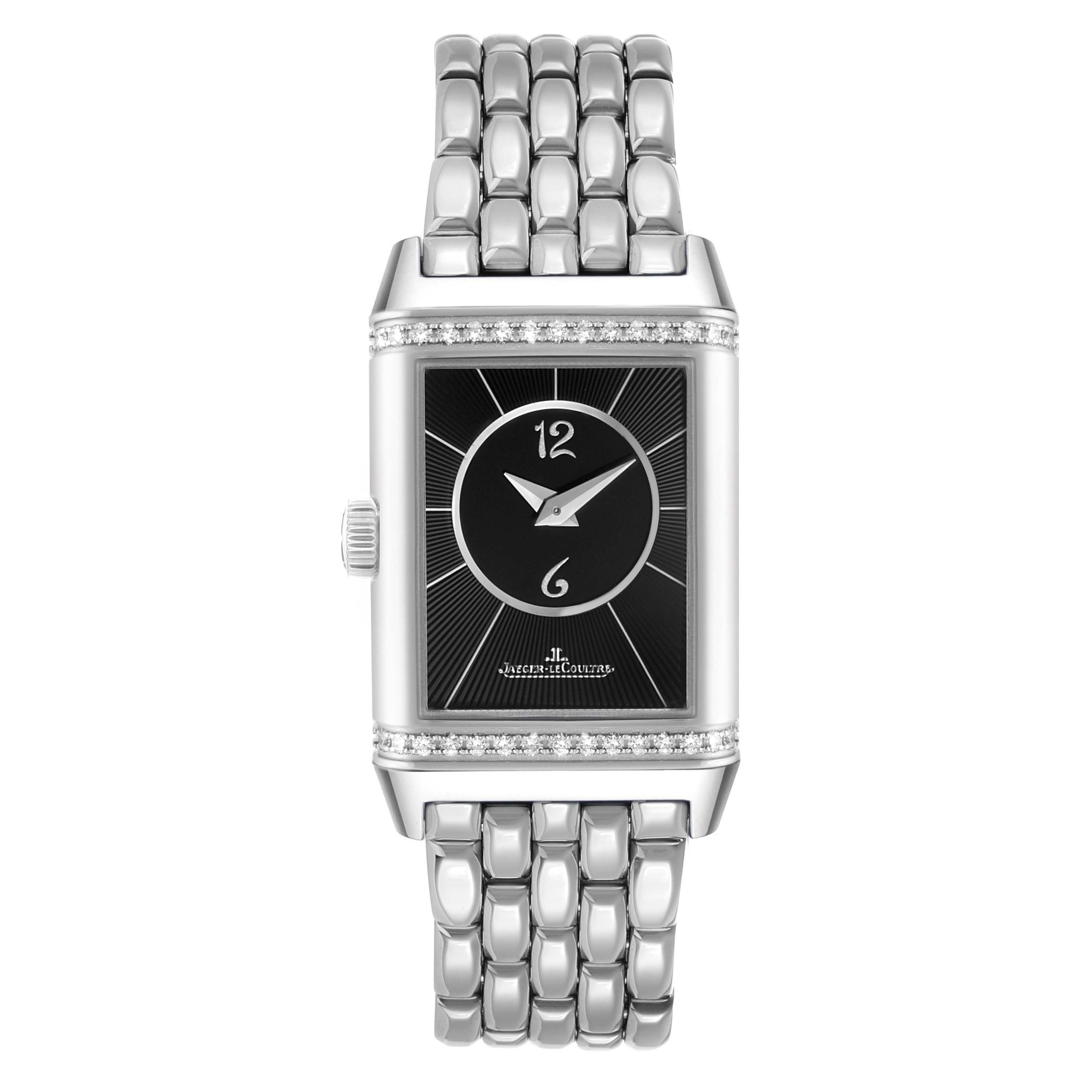 The Jaeger LeCoultre Reverso Q2668430 / 211.8.44 Women's Stainless Steel Silver Dial watch is shown from the front, displaying the black dial, hands, bracelet, and crown.