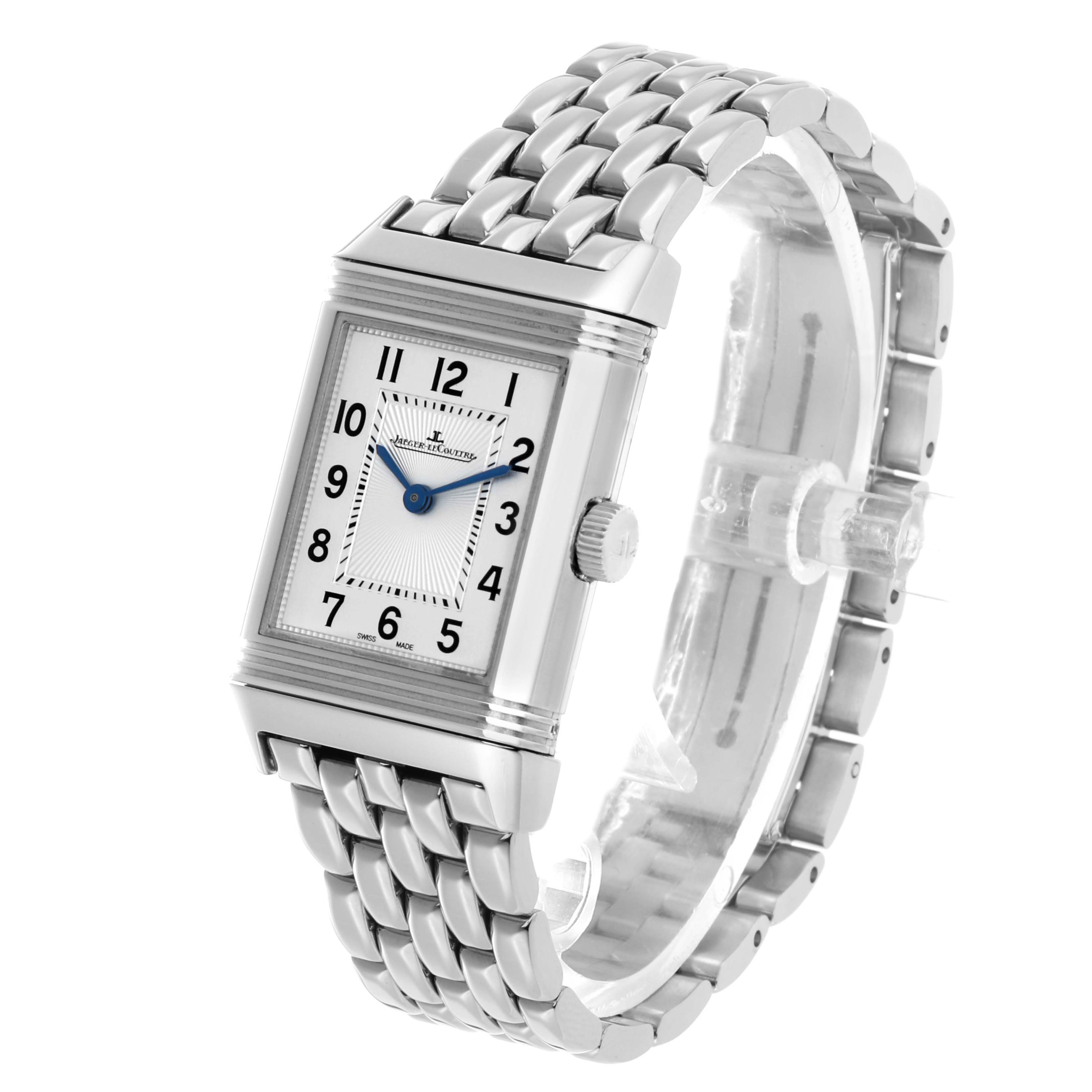 The Jaeger LeCoultre Reverso Q2668430 / 211.8.44 Women's Stainless Steel Silver Dial watch is shown at a three-quarter angled view, displaying its face, case, and bracelet.