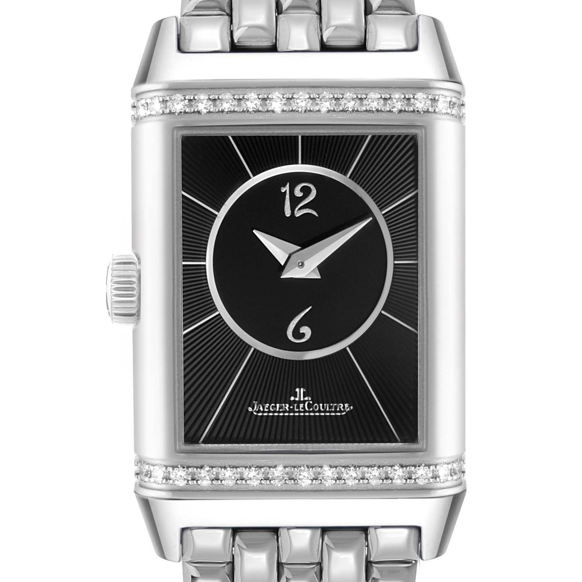 The image shows the face of a Jaeger LeCoultre Reverso Q2668430 / 211.8.44 Women's Stainless Steel Silver Dial watch from a front angle, highlighting the dial and bezel.
