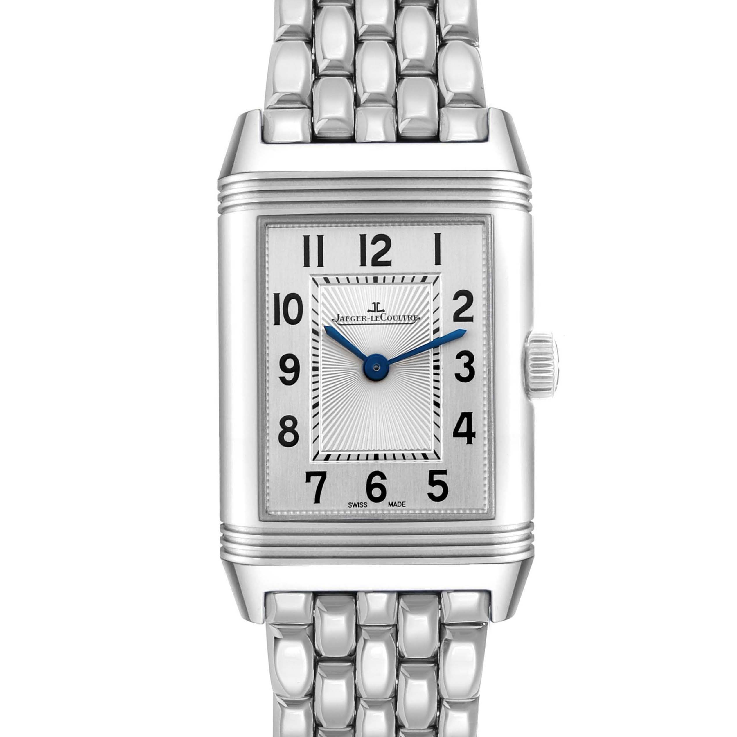 The Jaeger LeCoultre Reverso Q2668430 / 211.8.44 Women's Stainless Steel Silver Dial watch is shown from the front, highlighting its rectangular dial and metal link bracelet.