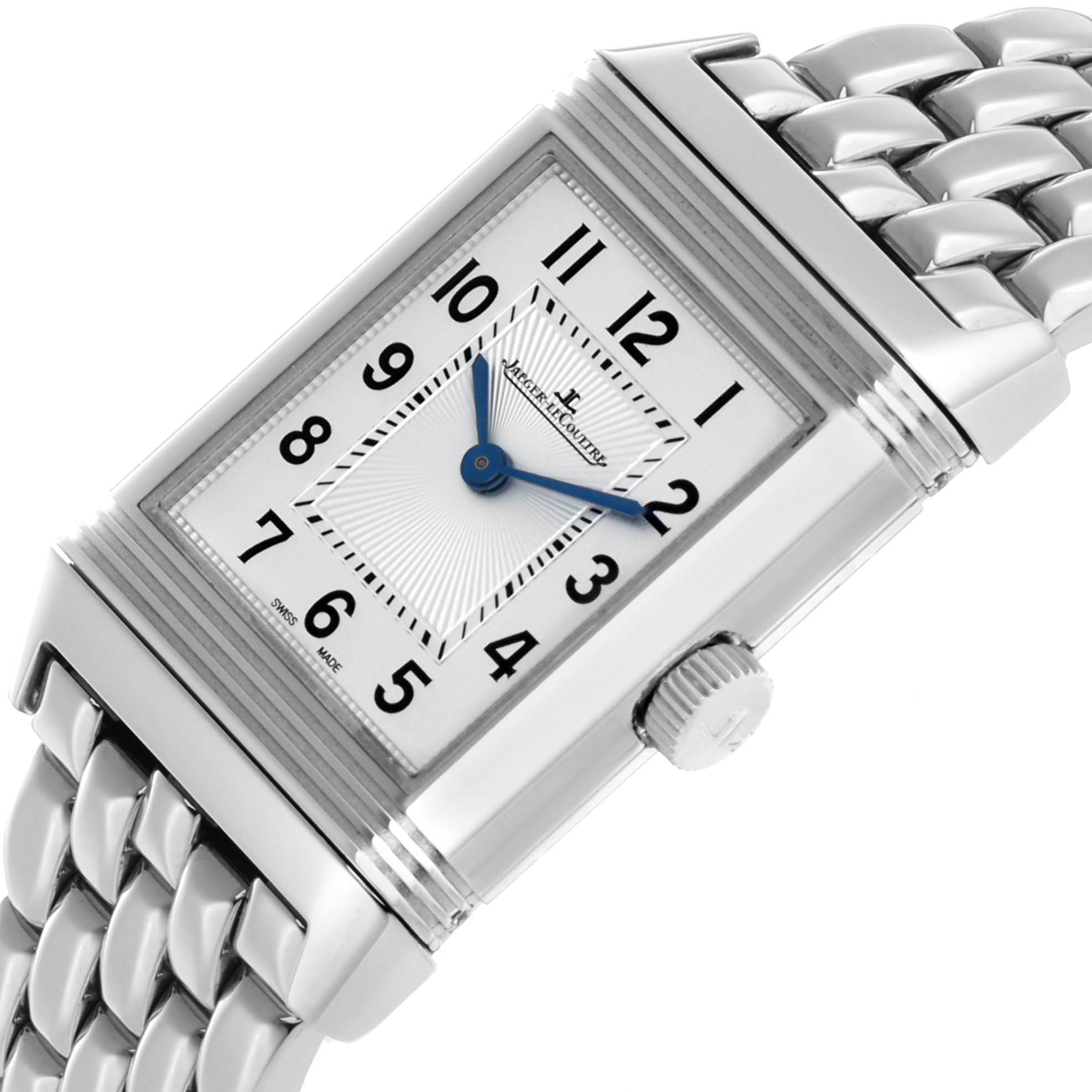 The Jaeger LeCoultre Reverso Q2668430 / 211.8.44 Women's Stainless Steel Silver Dial watch is shown at an angle highlighting its rectangular face, crown, and metal bracelet.