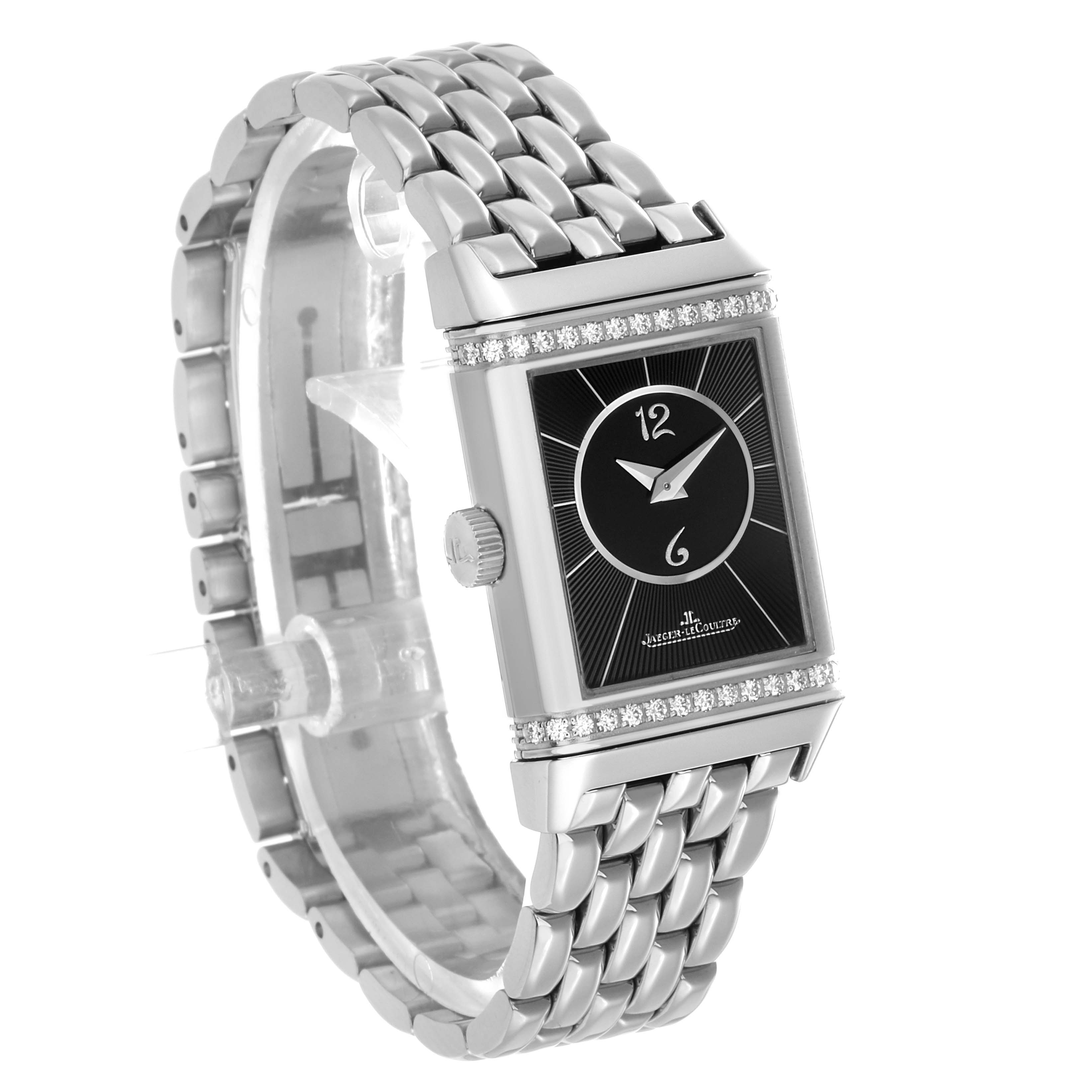 The Jaeger LeCoultre Reverso Q2668430 / 211.8.44 Women's Stainless Steel Silver Dial watch is shown from a three-quarter angle, highlighting the rectangular face, bracelet, and crown.