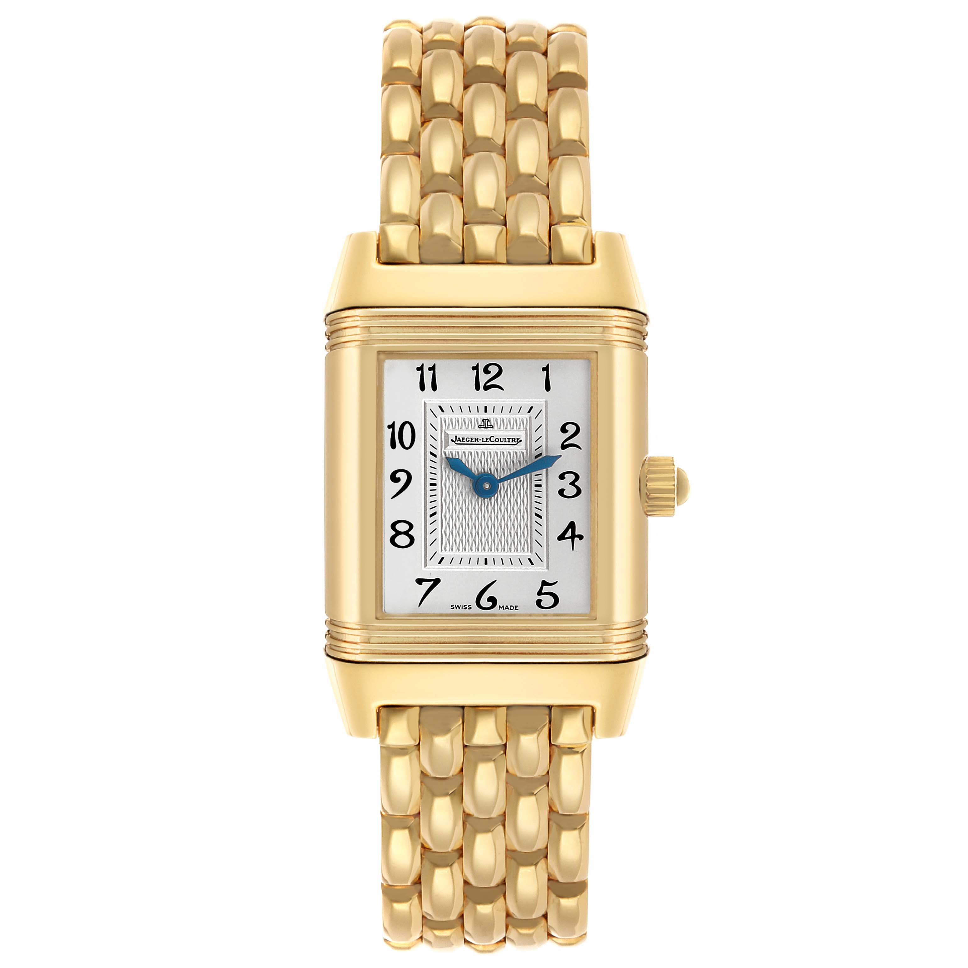 The image shows a front view of the Jaeger LeCoultre Reverso Q2661110 / 266.1.11 Women's Yellow Gold Silver Dial watch, highlighting its gold case, dial, bracelet, and crown.
