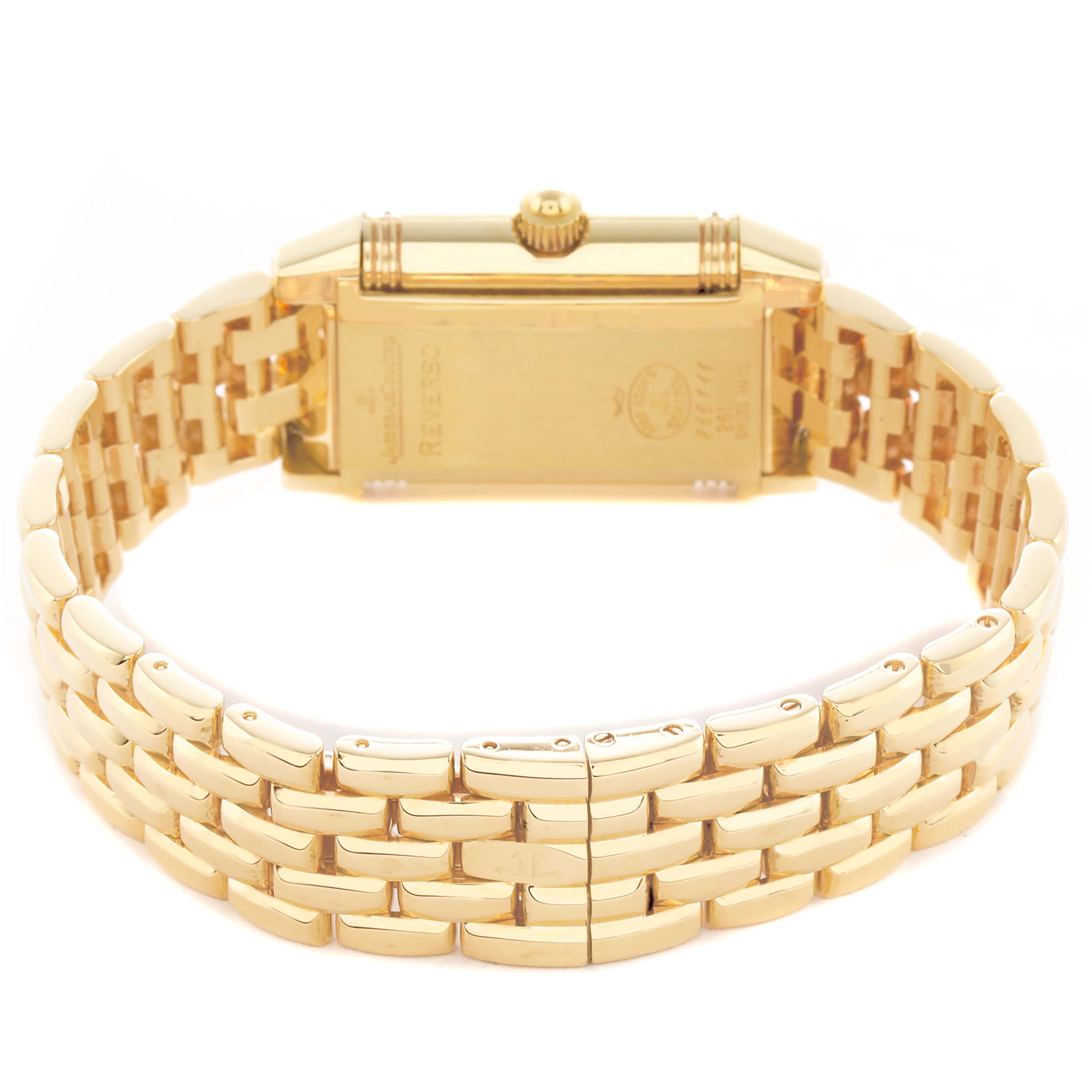 The image shows the back of the Jaeger LeCoultre Reverso Q2661110 / 266.1.11 Women's Yellow Gold Silver Dial watch, highlighting the gold bracelet and case.