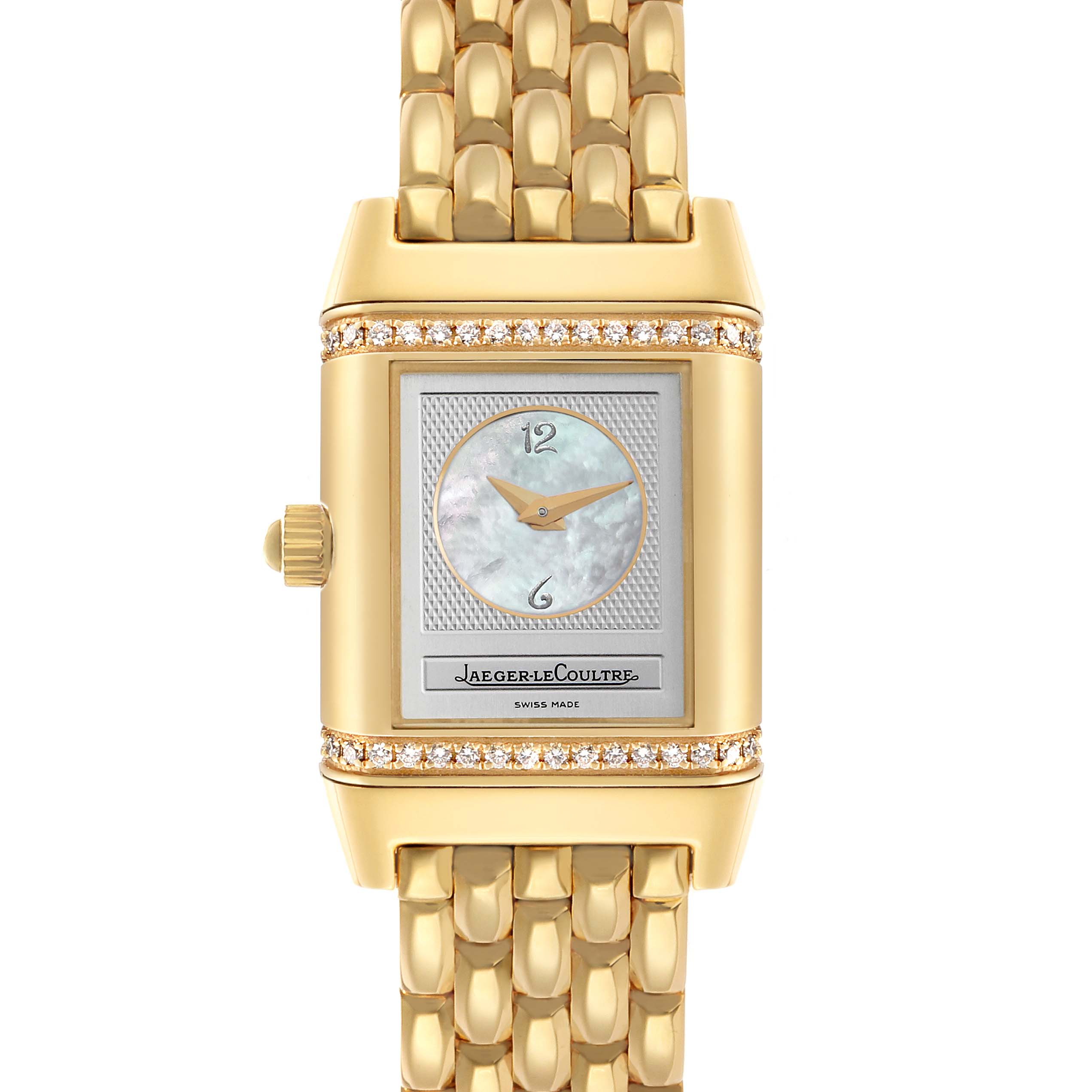 The Jaeger-LeCoultre Reverso watch is shown from the front, highlighting its rectangular face, gold casing, and bracelet.