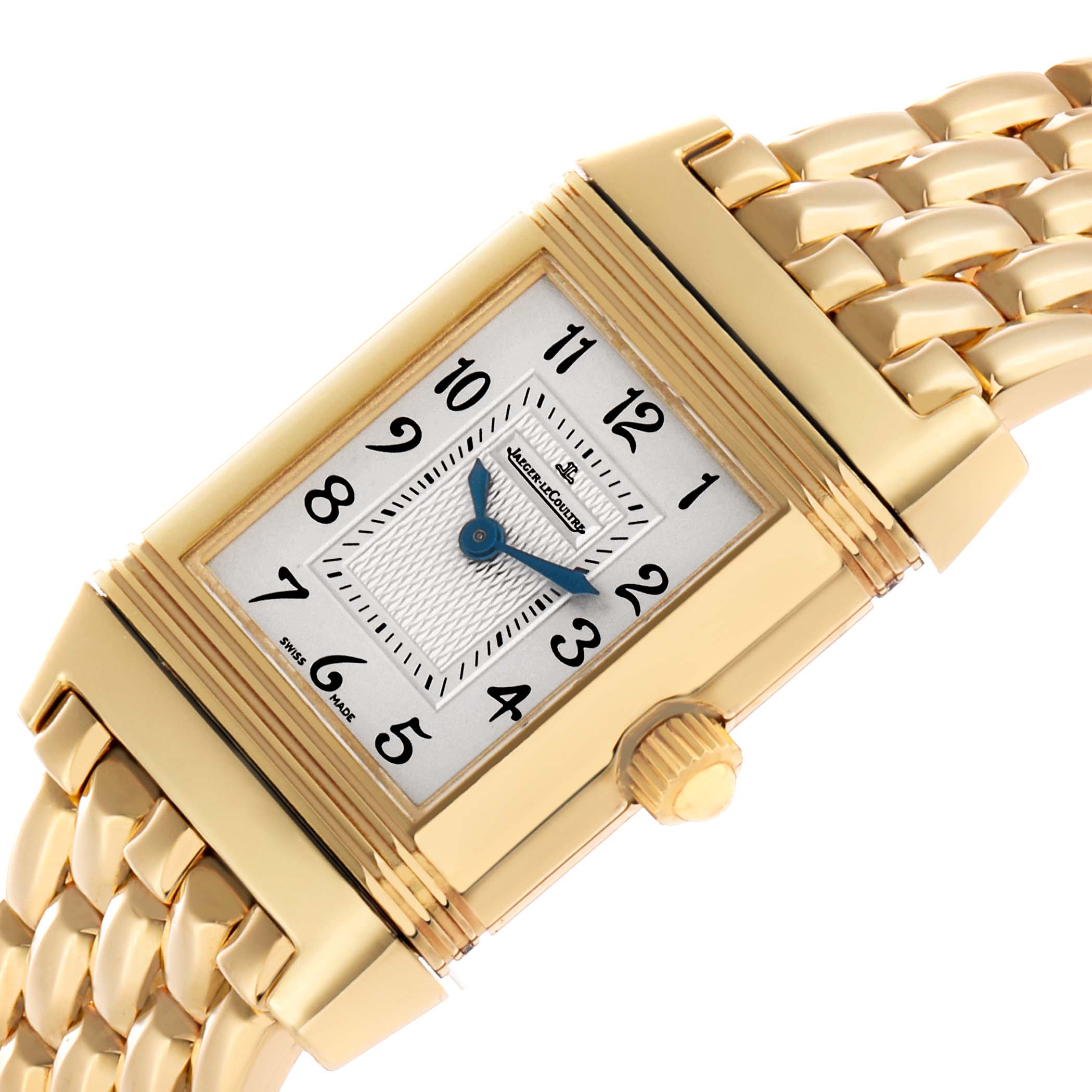 The Jaeger-LeCoultre Reverso watch is shown from a slightly tilted top view, displaying the dial, case, crown, and part of the bracelet.