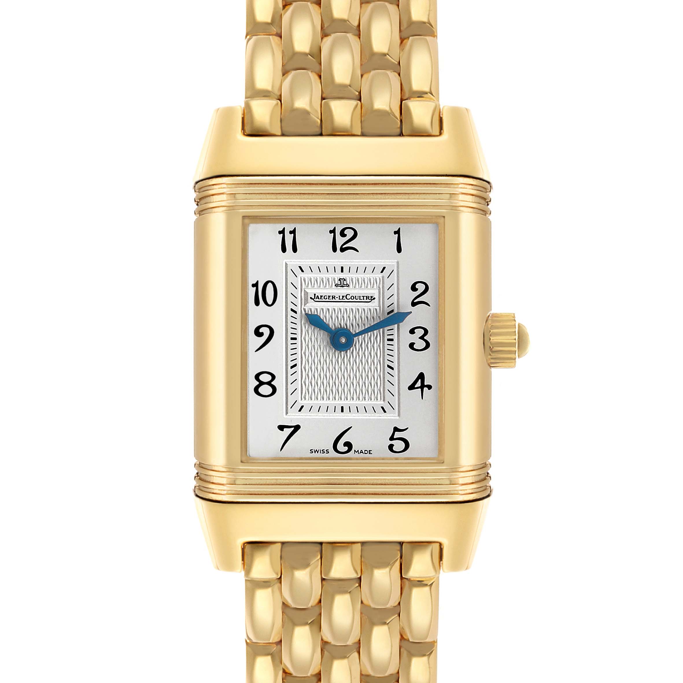 The Jaeger-LeCoultre Reverso watch is shown front-on, displaying its rectangular dial, case, crown, and bracelet.