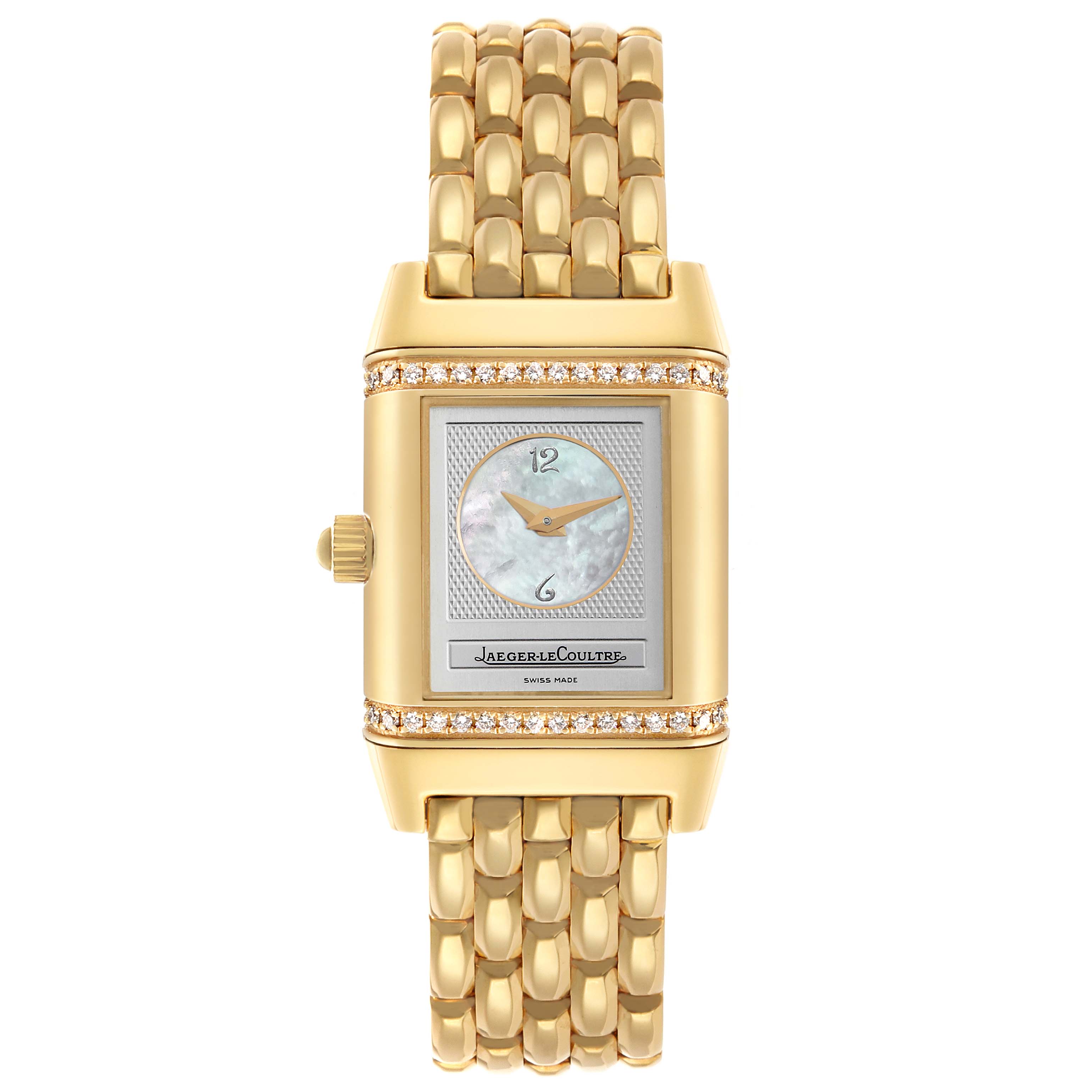 The Jaeger-LeCoultre Reverso watch is shown face-up, highlighting its dial, gold casing, and bracelet with diamonds.