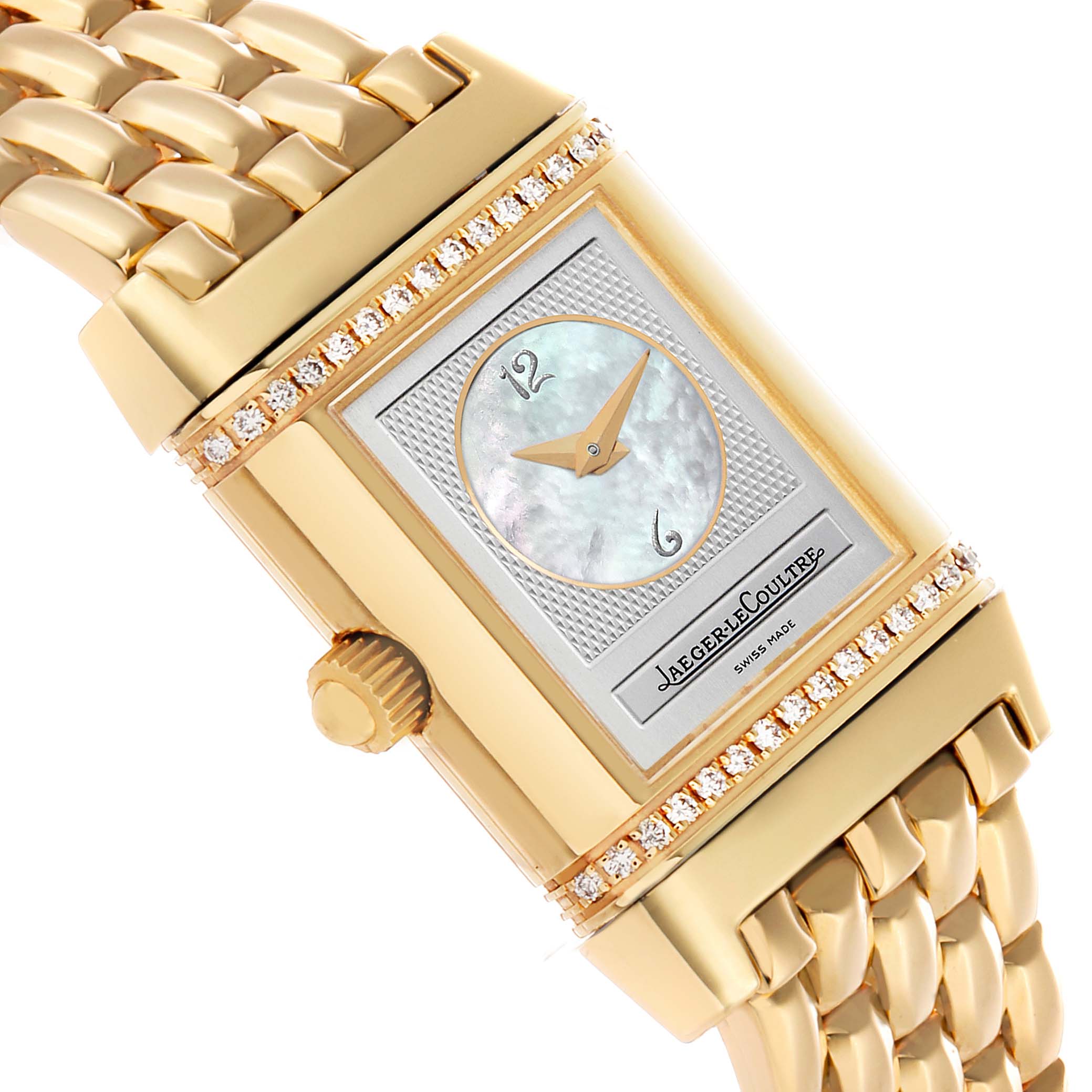 The Jaeger LeCoultre Reverso Q2661110 / 266.1.11 Women's Yellow Gold Silver Dial watch is shown at a slight angle, highlighting the gold case, diamond accents, and bracelet.