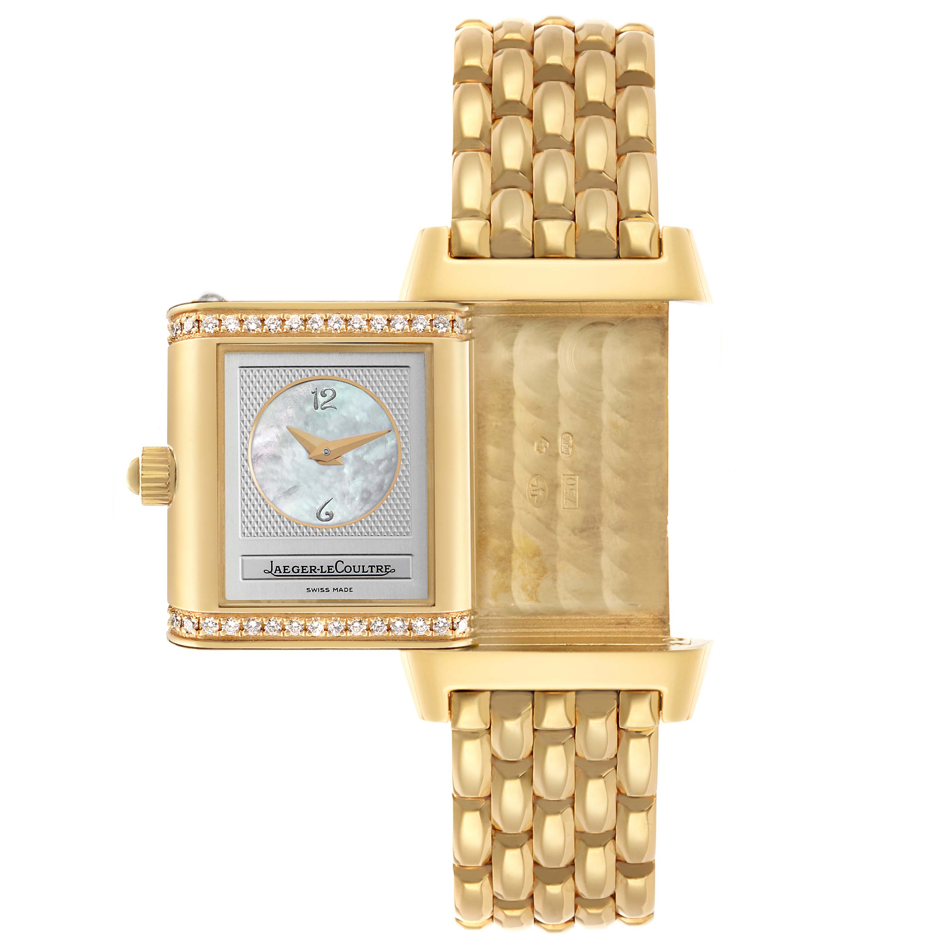 The Jaeger LeCoultre Reverso Q2661110 / 266.1.11 Women's Yellow Gold Silver Dial watch is shown with its case open, highlighting the dial and intricate bracelet design.
