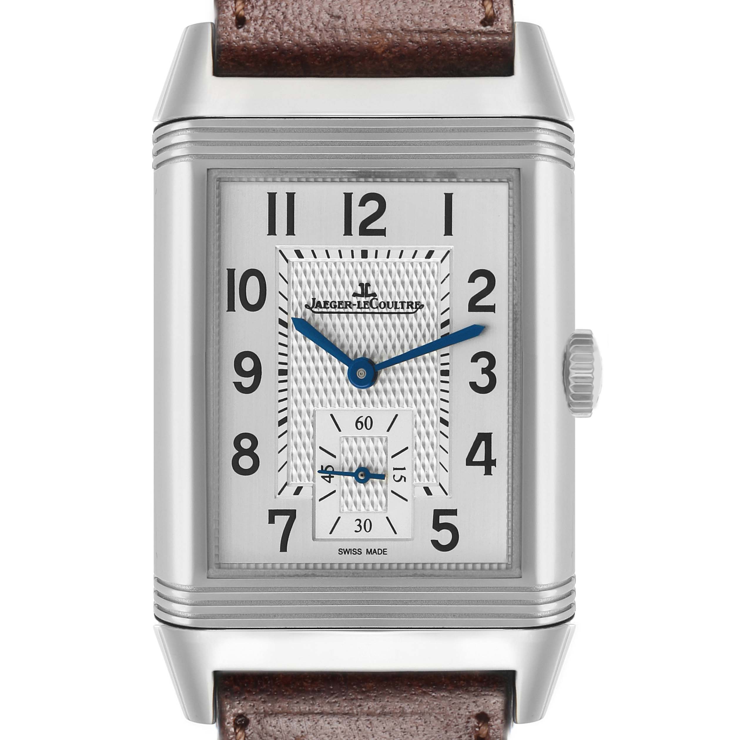 The Jaeger-LeCoultre Reverso watch is shown from the front, displaying the face, crown, and part of the strap.