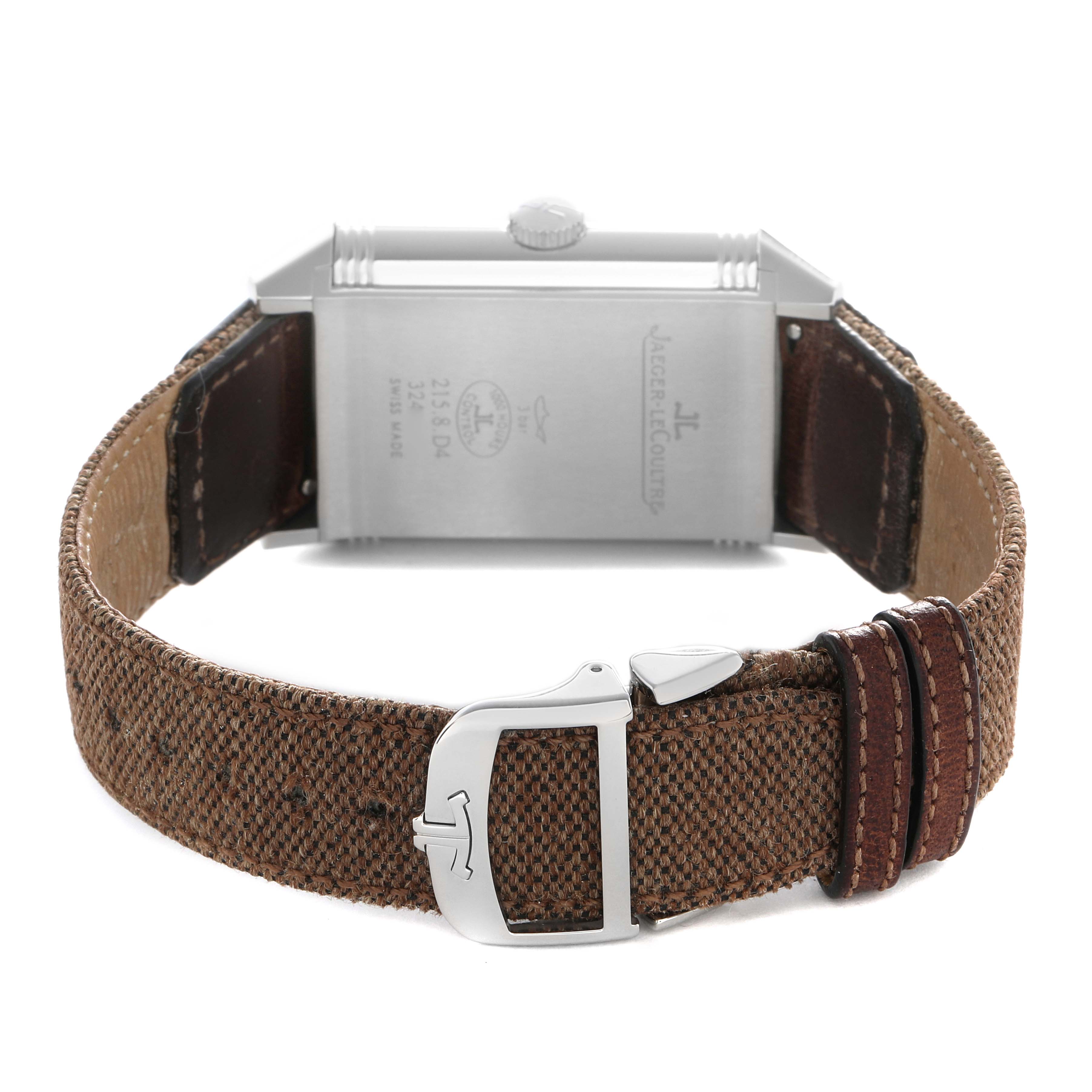 The image shows the back of a Jaeger LeCoultre Reverso Q3848420 Men's Stainless Steel Silver Dial watch, highlighting the case and brown fabric strap.