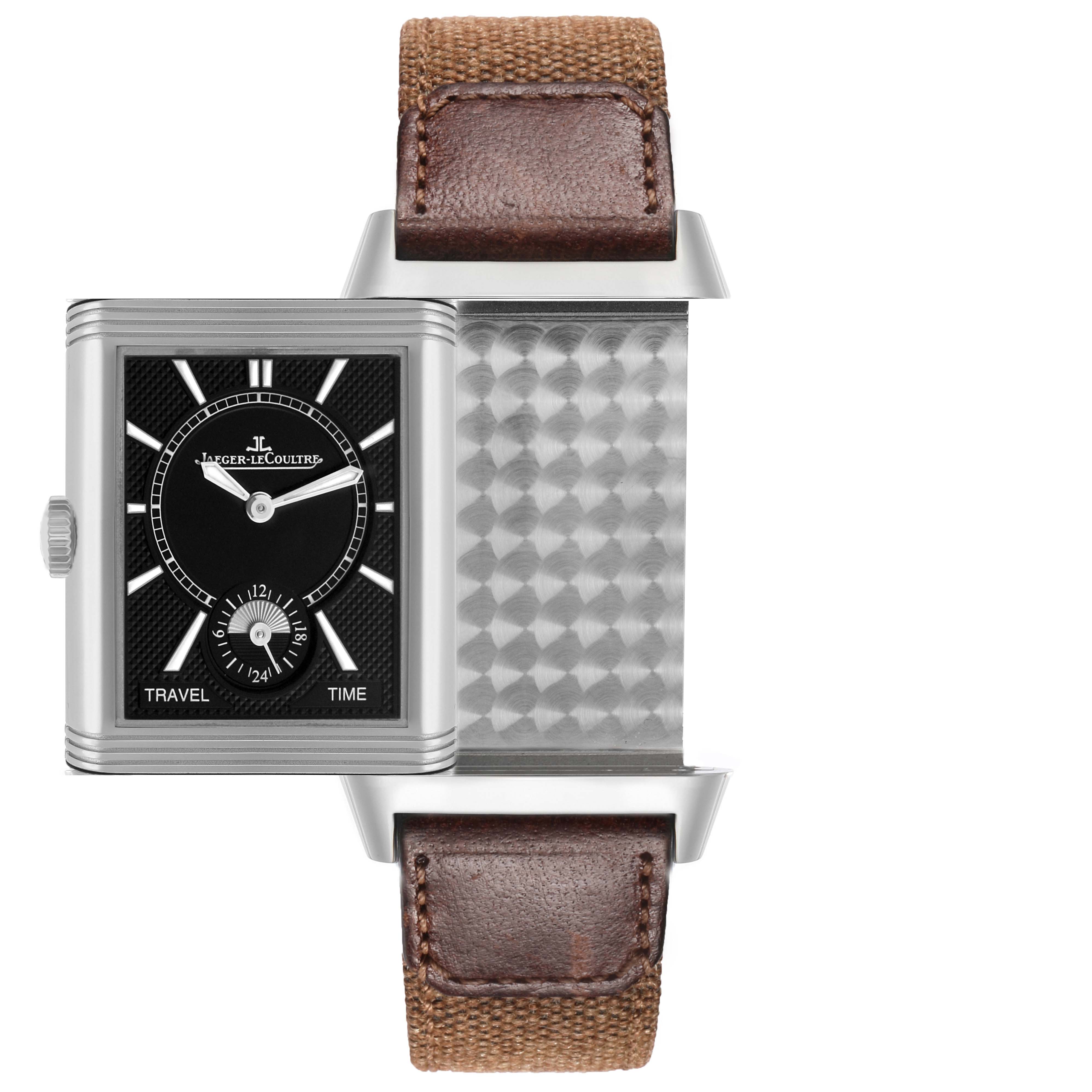 The Jaeger-LeCoultre Reverso watch is shown at a front angle, displaying the travel time dial and leather strap.