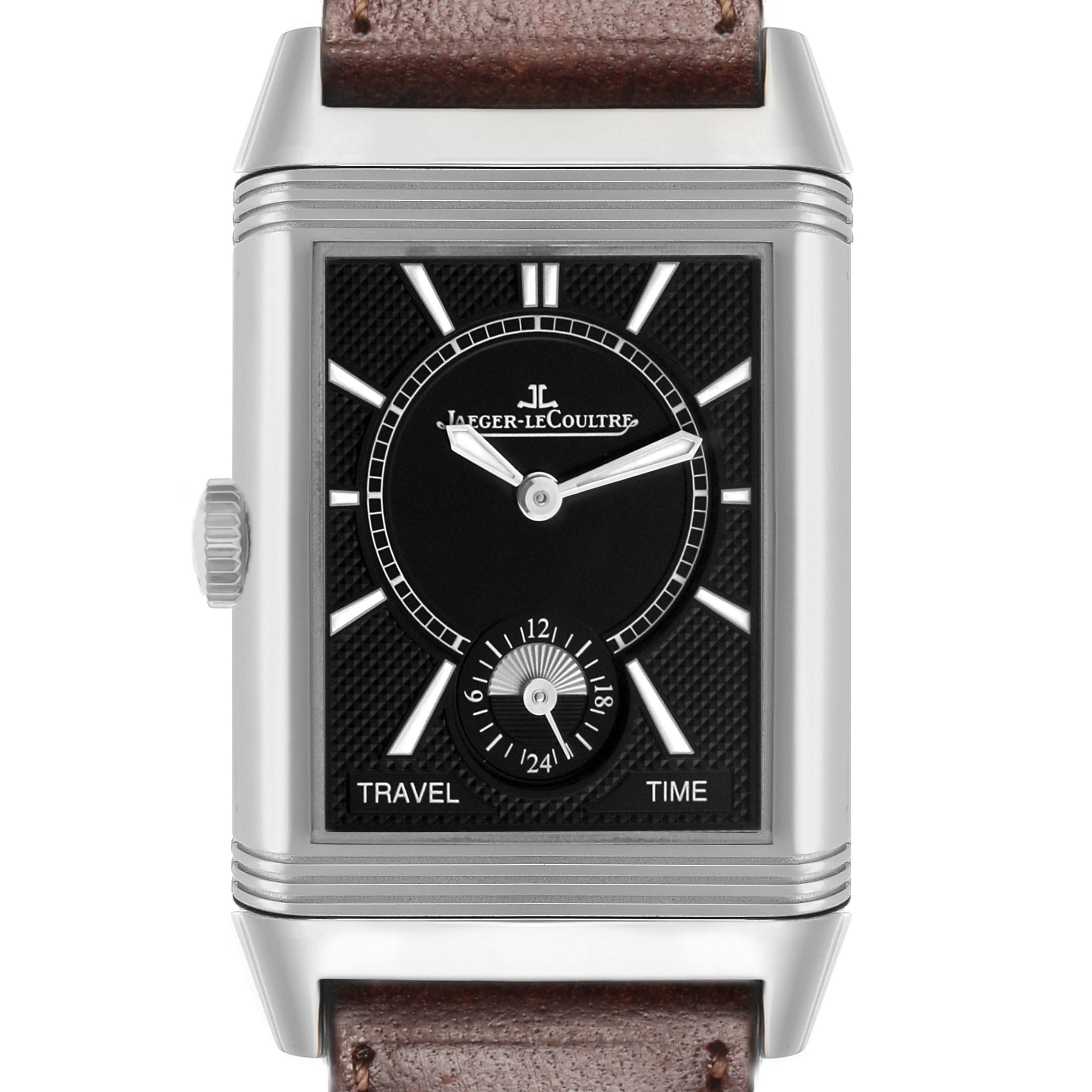 The Jaeger-LeCoultre Reverso watch is shown from a front angle, highlighting its rectangular face and side crown.