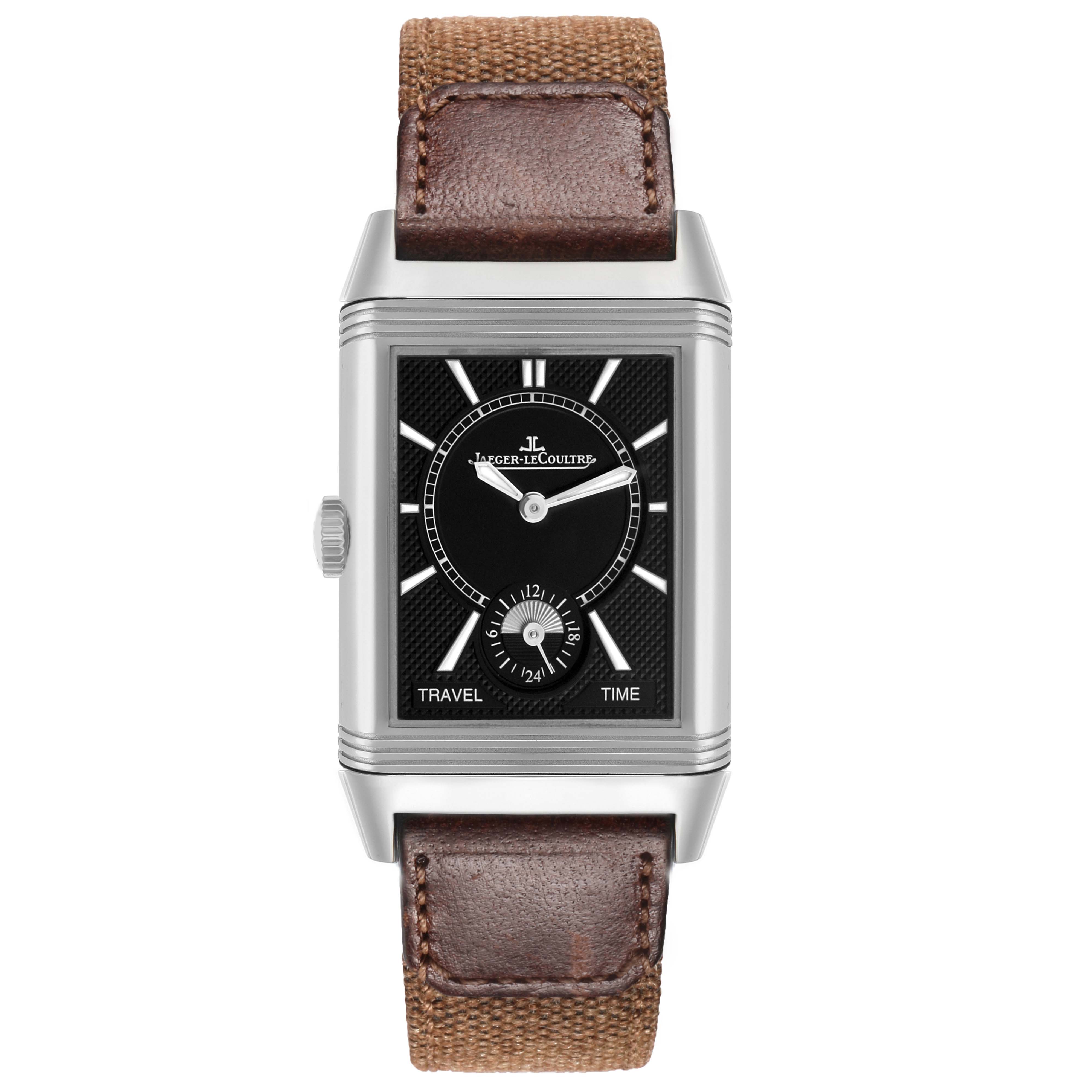 The image shows a front view of the Jaeger-LeCoultre Reverso watch, highlighting its rectangular face, dial, and leather strap.