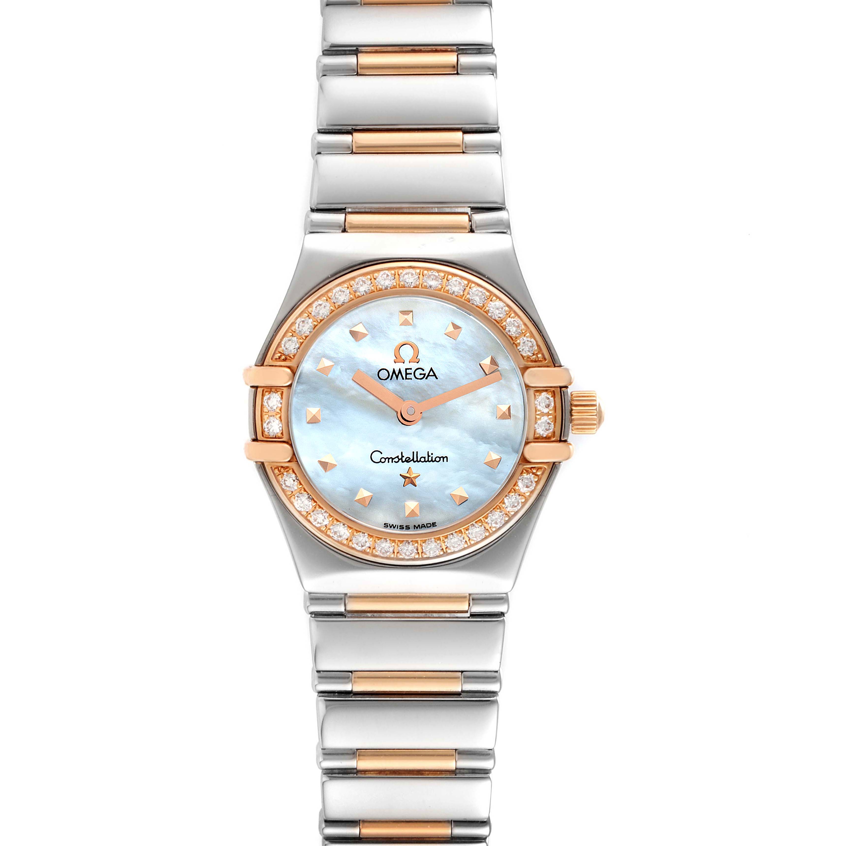 The Omega 1368.71.00 Women's Steel and Gold (two tone) Mother of Pearl Dial 1368.71.00 Women's Steel and Gold (two tone) Mother of Pearl Dial Constellation My Choice Steel Rose Gold Diamond Watch 1368.71.00 is shown from the front, displaying the face and band.