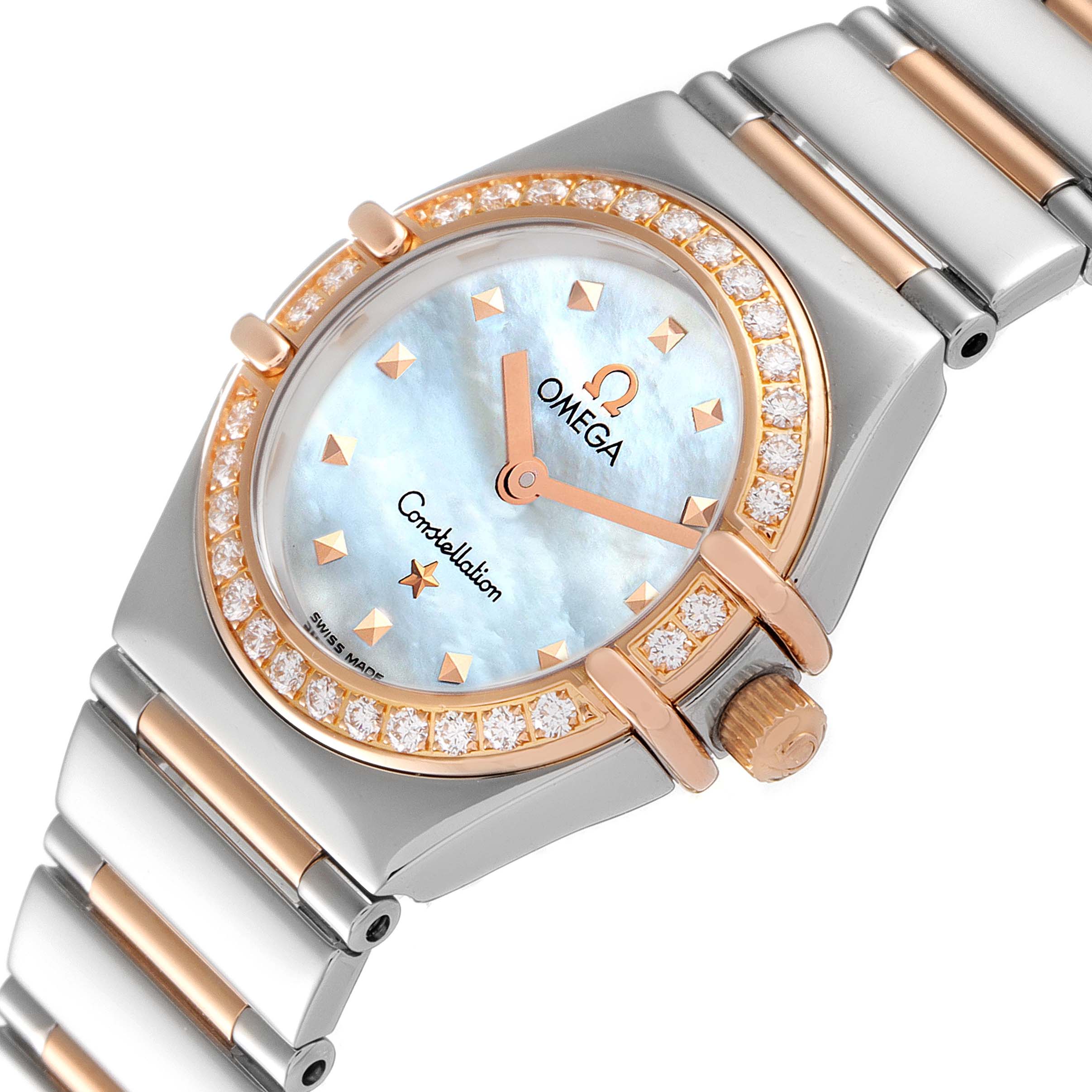 The image shows an angled close-up of the Omega 1368.71.00 Women's Steel and Gold (two tone) Mother of Pearl Dial 1368.71.00 Women's Steel and Gold (two tone) Mother of Pearl Dial Constellation My Choice Steel Rose Gold Diamond Watch 1368.71.00.
