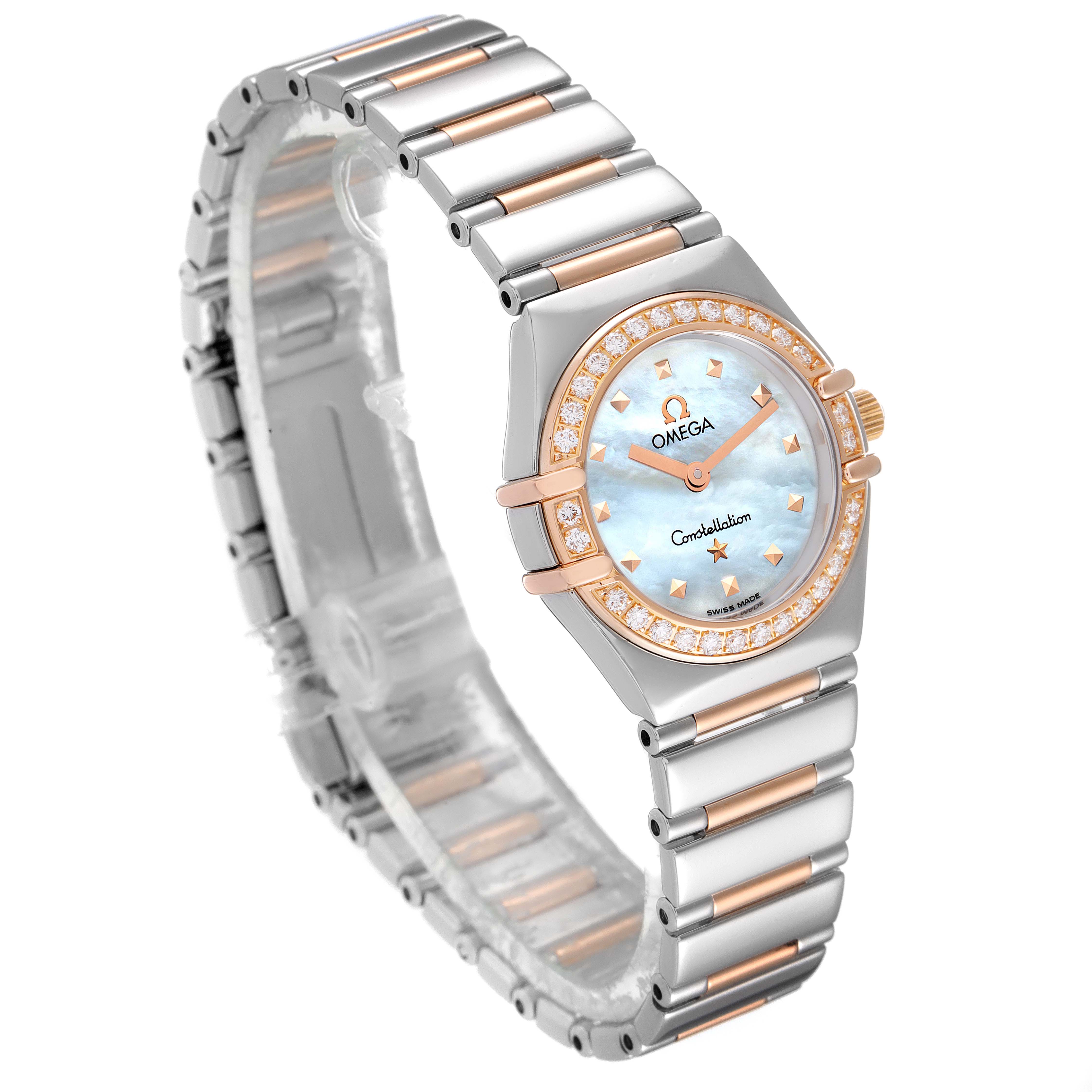 The image shows an angled view of the Omega 1368.71.00 Women's Steel and Gold (two tone) Mother of Pearl Dial 1368.71.00 Women's Steel and Gold (two tone) Mother of Pearl Dial Constellation My Choice Steel Rose Gold Diamond Watch 1368.71.00, displaying its band and face.