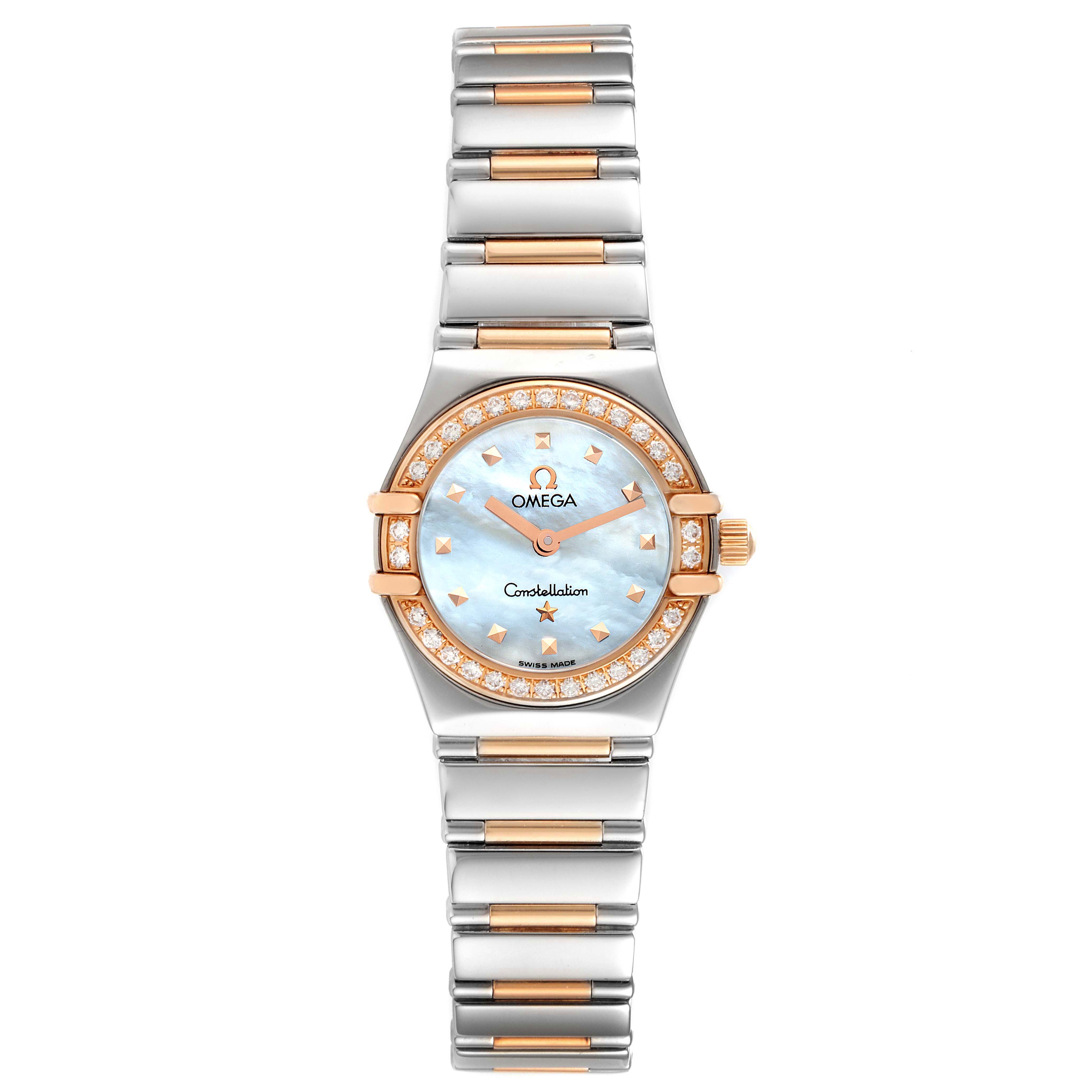 The image displays a frontal view of the Omega 1368.71.00 Women's Steel and Gold (two tone) Mother of Pearl Dial 1368.71.00 Women's Steel and Gold (two tone) Mother of Pearl Dial Constellation My Choice Steel Rose Gold Diamond Watch 1368.71.00 model, showing the dial, bezel, and bracelet.