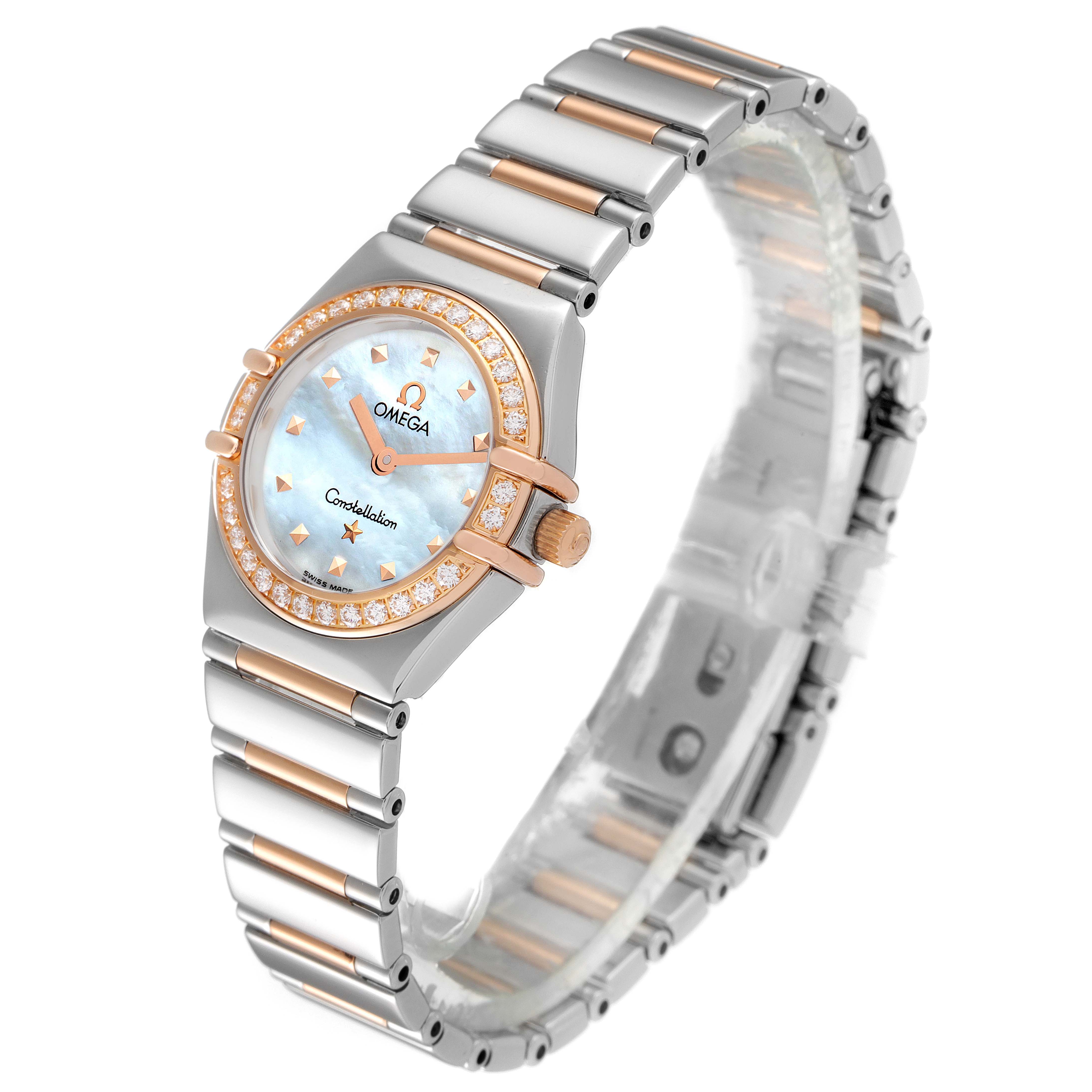 The image shows an angled view of the Omega 1368.71.00 Women's Steel and Gold (two tone) Mother of Pearl Dial 1368.71.00 Women's Steel and Gold (two tone) Mother of Pearl Dial Constellation My Choice Steel Rose Gold Diamond Watch 1368.71.00, highlighting the dial, bezel, and bracelet.