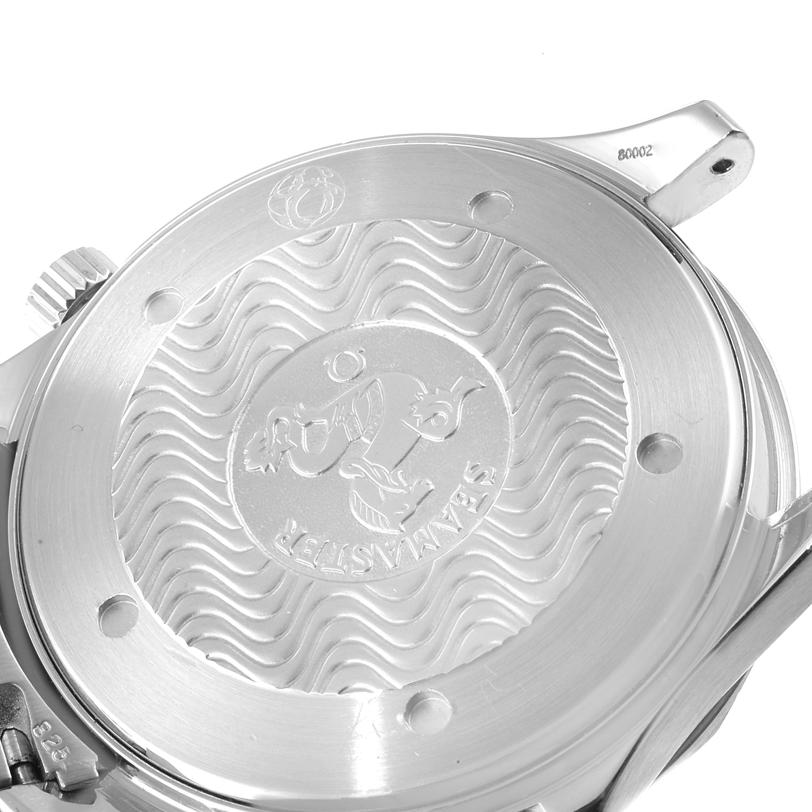 This is a close-up view of the back case of an Omega Seamaster 2531.80.00 Men's Stainless Steel Blue Dial 2531.80.00 Men's Stainless Steel Blue Dial watch.