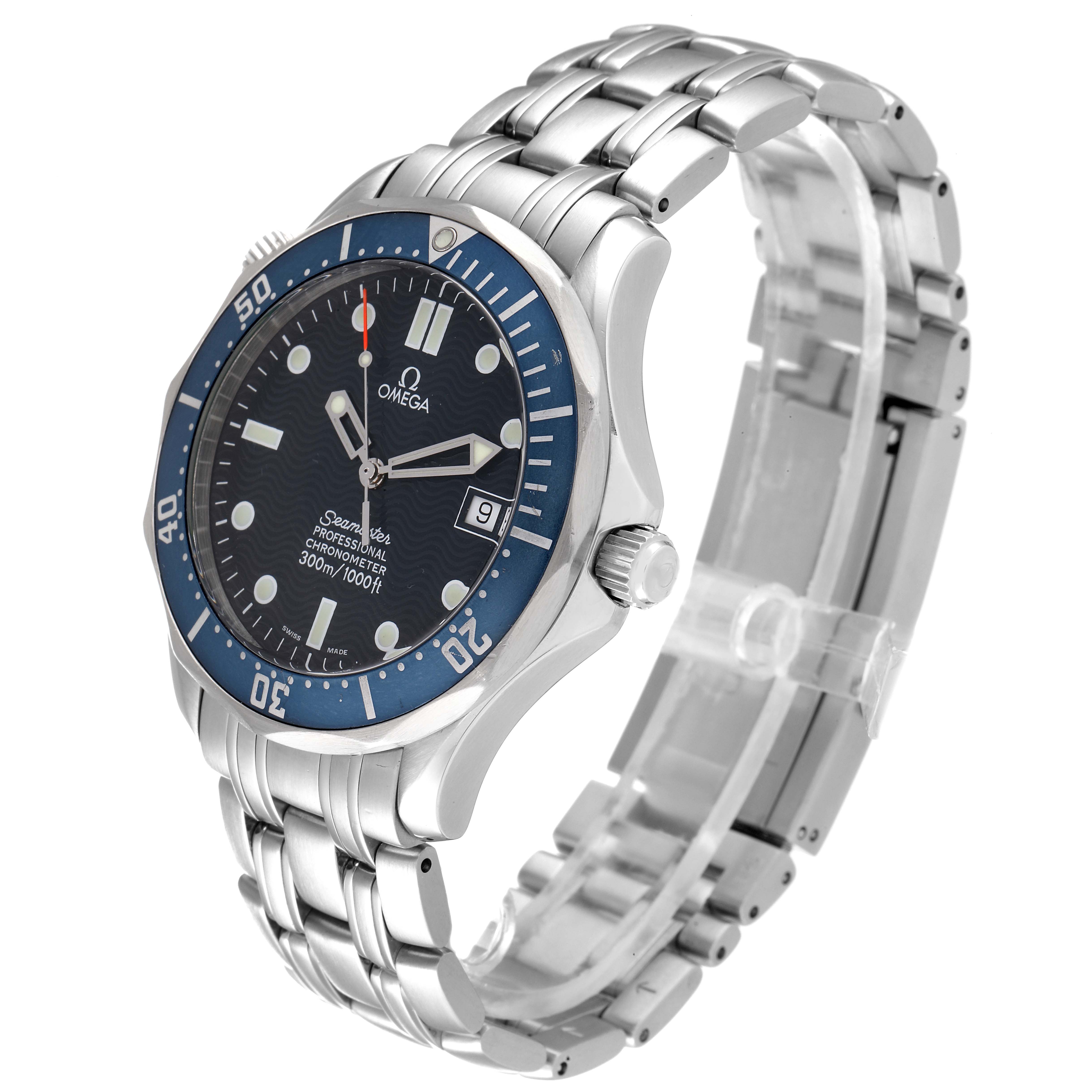 The Omega Seamaster 2531.80.00 Men's Stainless Steel Blue Dial 2531.80.00 Men's Stainless Steel Blue Dial watch is shown at a 3/4 angle, displaying its face, bezel, crown, and stainless steel bracelet.